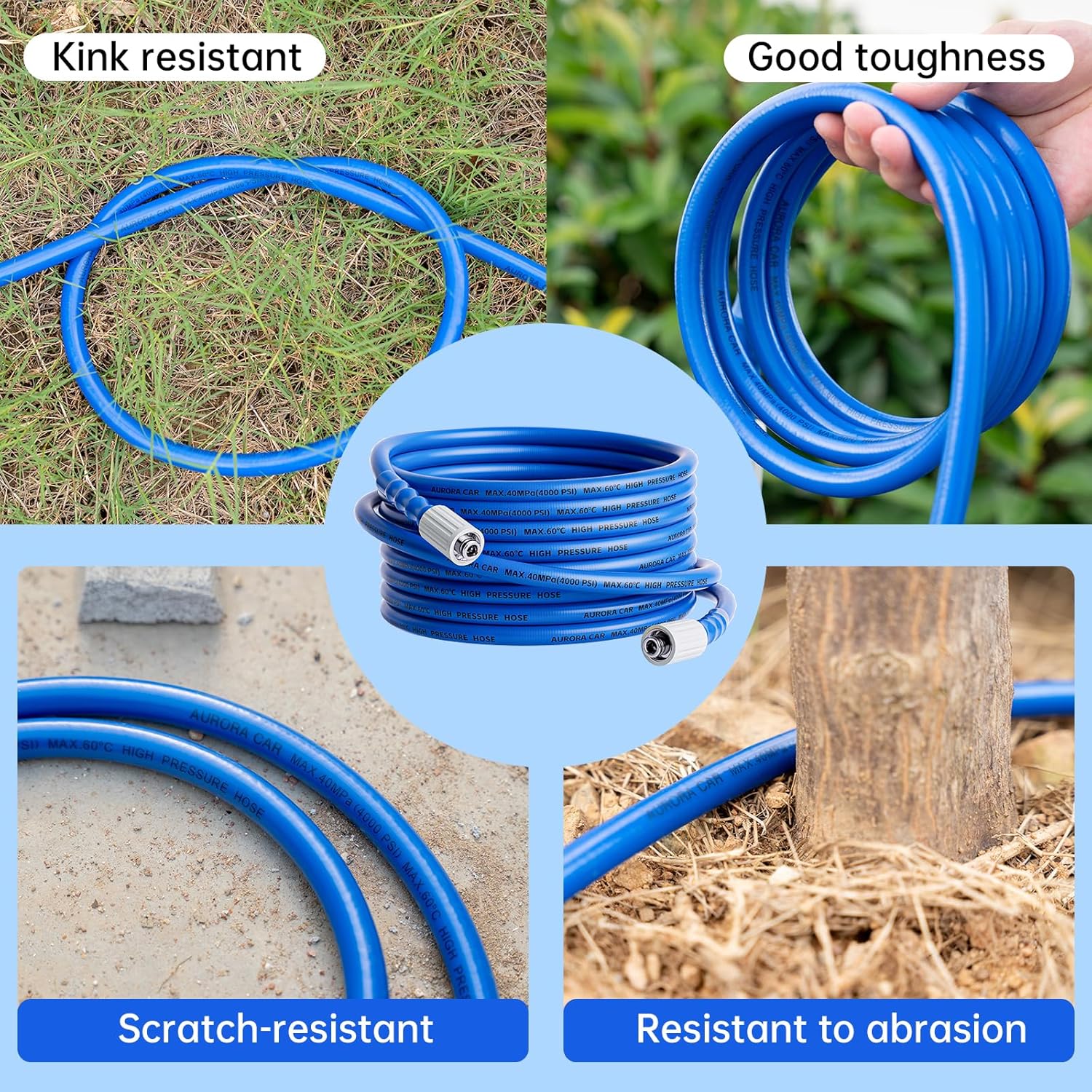 AURORA CAR Pressure Washer Hose 25 FT x 1/4"，Kink Resistant Power Washer Hose with M22-14mm and 3/8" Quick Connection Kit，4000 PSI Replacement Power Washer Hose for Electric & Gas