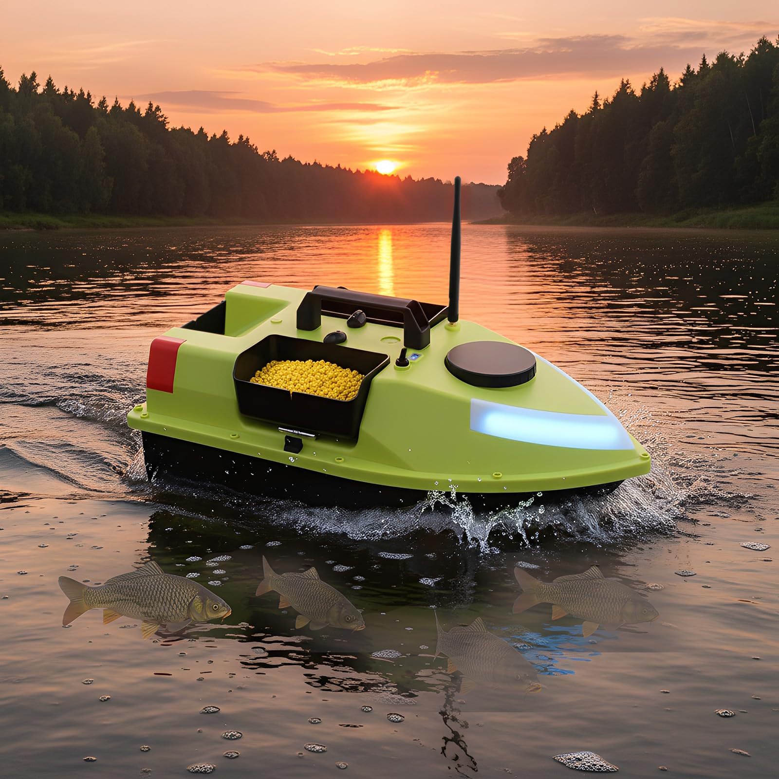 600M Angeln KöderBoot Mit LED-Leuchten, GPS Angelköder Boot, Fernbedienung Futterboot, Verstellbare Farbe, Nachtlicht Positionierung, ABS Fischköder-Boot,Dual 390 Motoren, 2 5200mAh Batterien