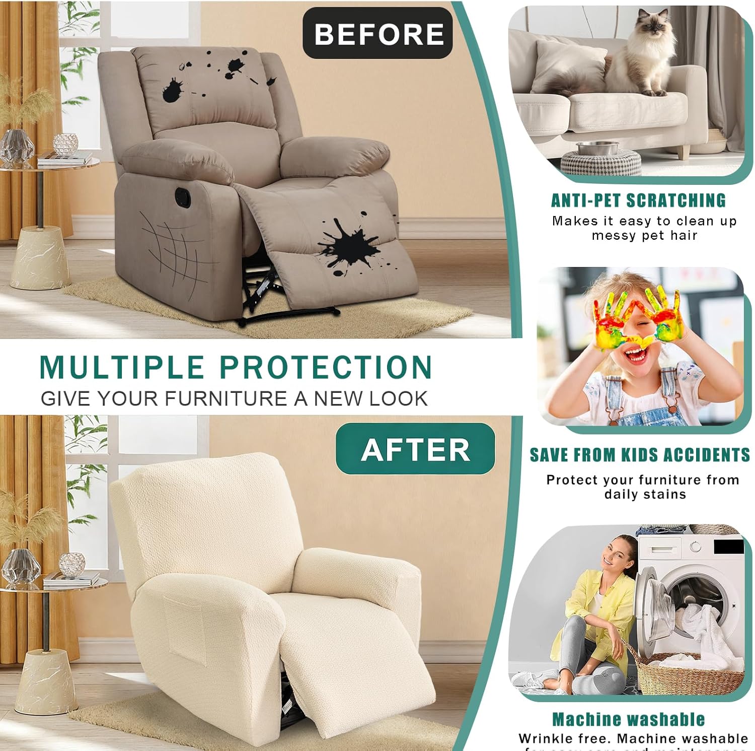 NILUOH Jacquard Recliner Cover 4-Piece Set - Elegant Stretch Slipcover for Old Furniture, Easy Fit Recliner Sofa Couch Protector, Machine Washable for Living Room, 1-Seater,Off-White