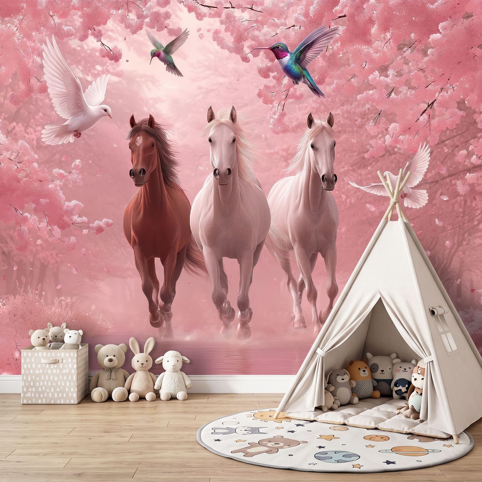 Générique Panoramiczna tapeta 500 x 280 cm fantazyjne zwierzęta galopowe konie XXL fototapeta dekoracja ścienna gobelin salon sypialnia - tapeta Trompe l'eil efekt 3D, różowa