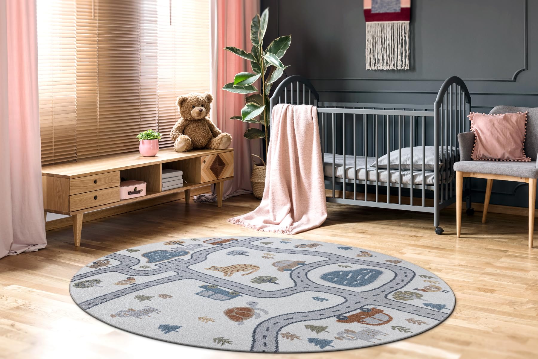 rugsx Tappeto bambini BONO 8283 Per la stanza del bambino, tappeti da gioco, camera dei bambini, Strada, animali, crema/grigio chiaro, cerchio 100 cm