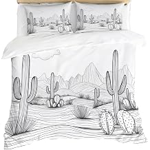 Desert Bedding Duvet Cover, Cactus Line Comforter Set with Zipper, Southwestern Duvet Cover Queen, 3 Pieces Bedding & Bedroom Decor, 2 Pillowcases Black and White Design