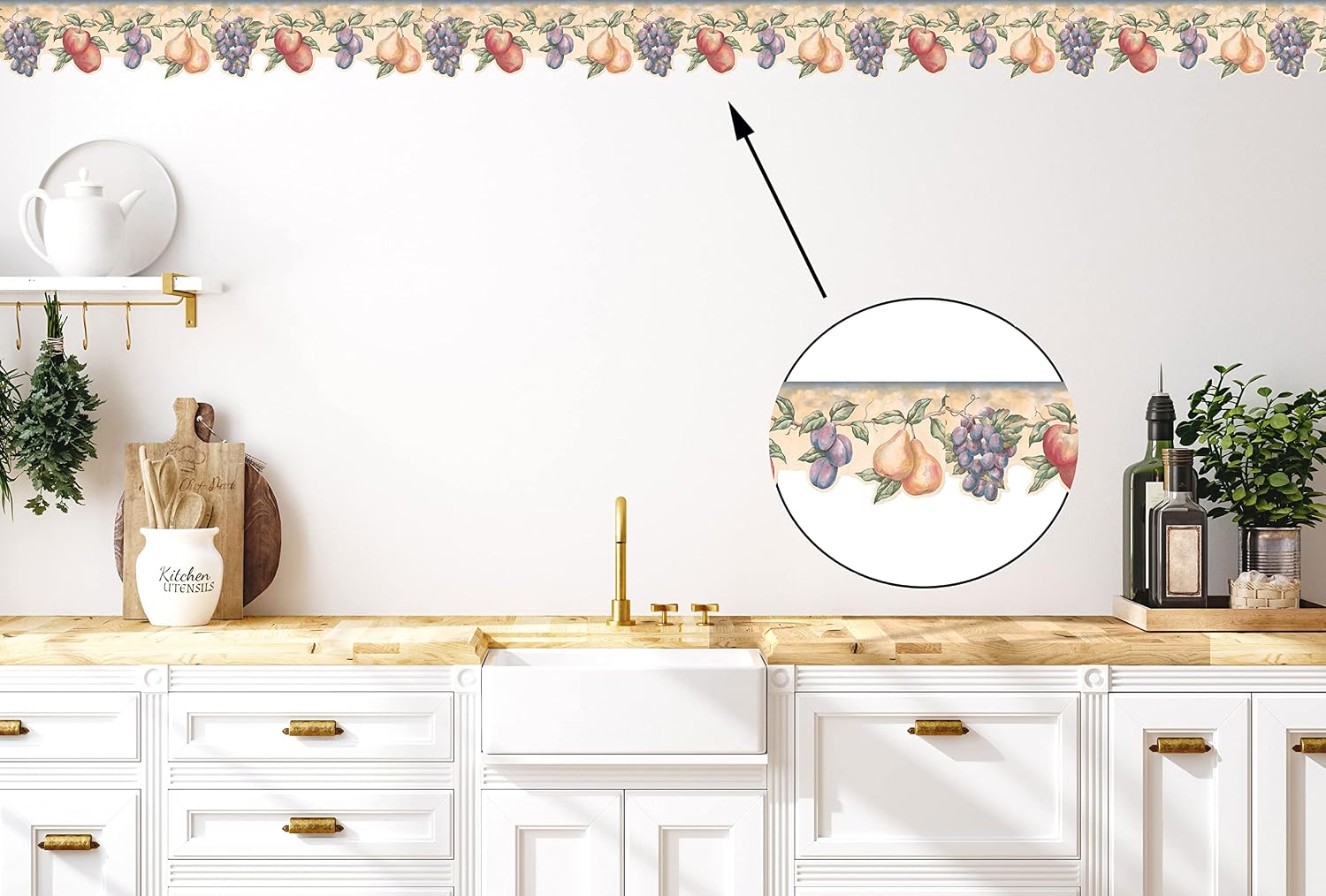 Concord WALLCOVERINGS ™ Orchard Fruit Medley Wallpaper Border, 7.5" x 15' Country Kitchen & Dining Decor, Farmhouse Fruit Design, Prepasted Washable Vinyl, Die-Cut Edge #LA15016DB