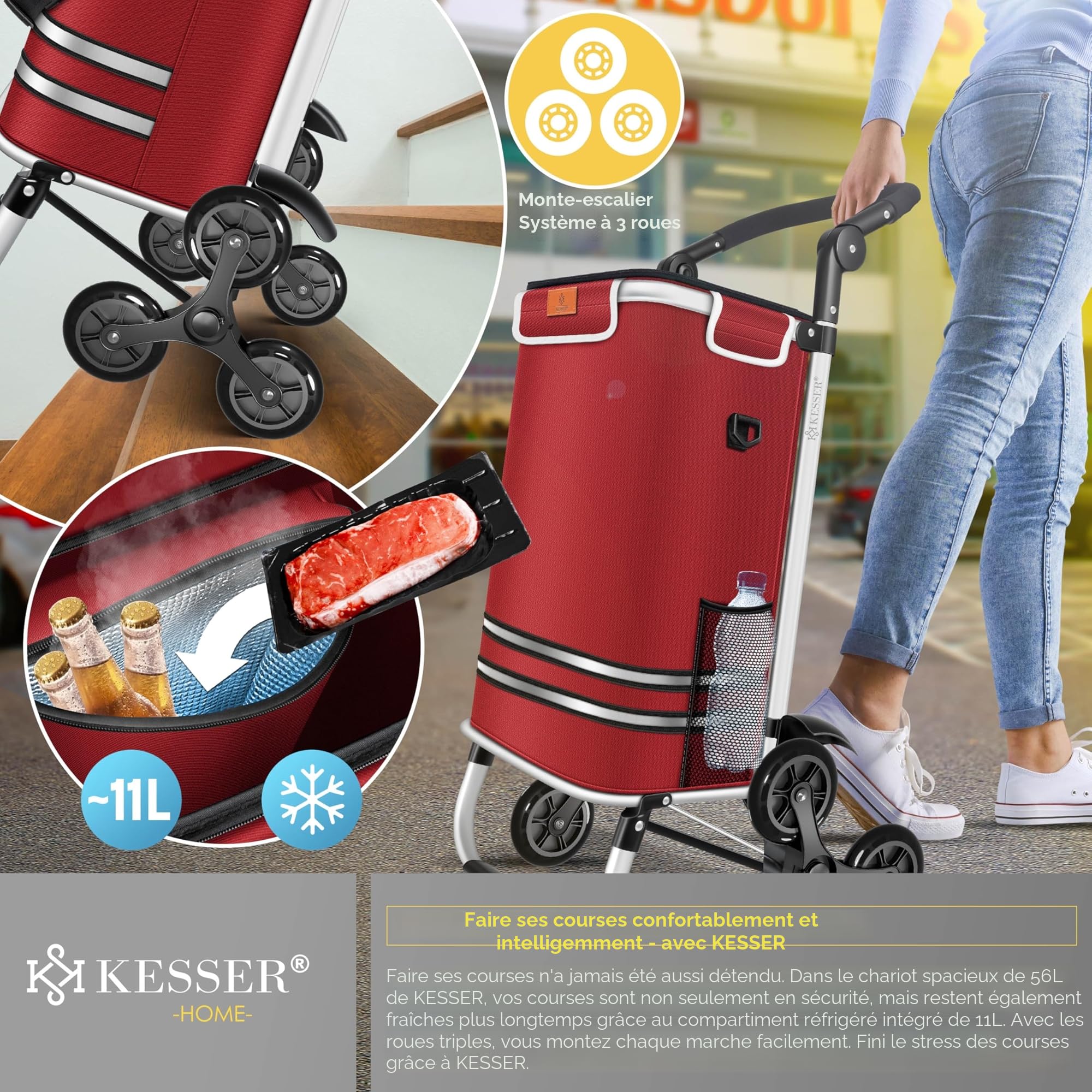 KESSER Chariot à provisions 56 L 50 kg pliable 3 en 1 avec compartiment réfrigérant Bordeaux