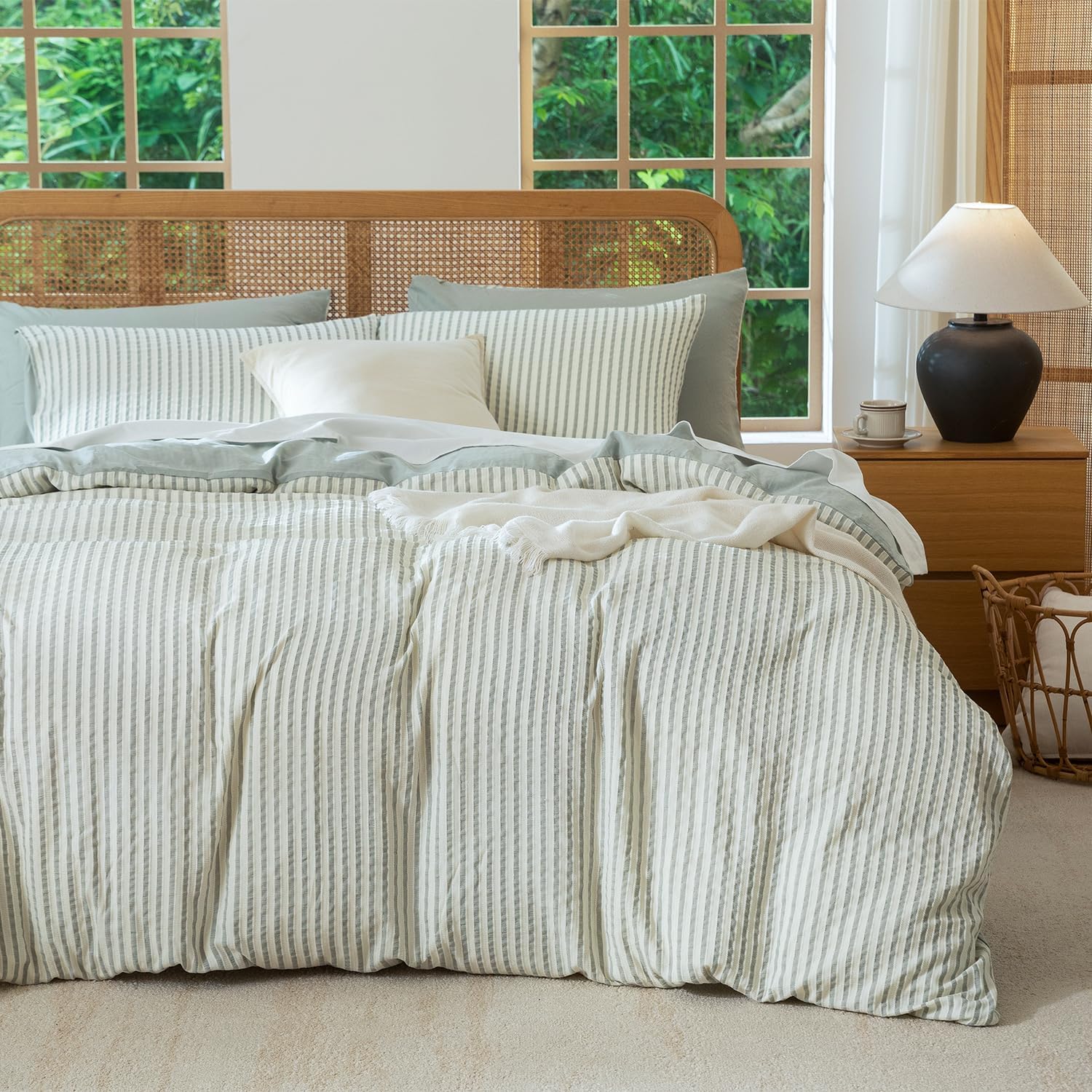 Green Striped Comforter Set King - 3 Pieces Bedding Comforter Set for All Season, Soft Lightweight Washed Microfiber, 1 Striped Comforter and 2 Pillowcases (Green, King Size)