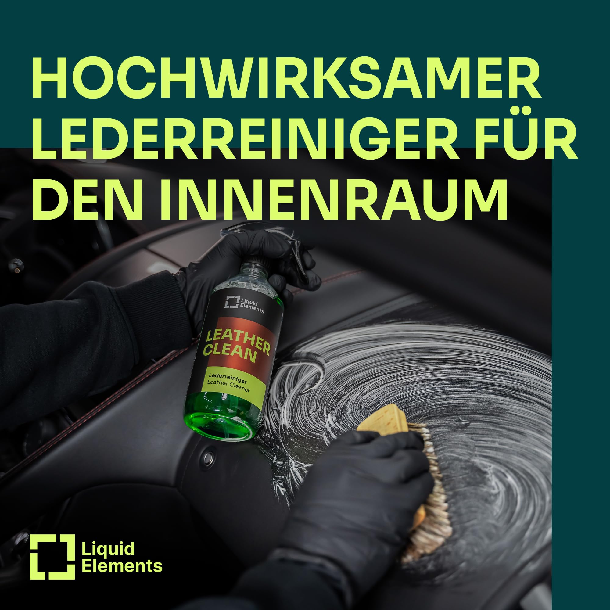 Liquid Elements Leder-Set, Leather Clean & Care 500ml + Zubehör | Sanfte Lederpflege für Auto, inkl. 5x Value Microfasertuch, Leder- & Textilbürste