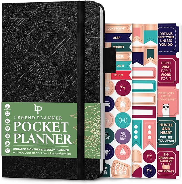 Legend Planner Pocket  Small Monthly & Weekly Goal Journal and Calendar for Productivity, Mini Life Organizer Planner Perfect for Purse, Size: 3.5" x 6.2" Hardcover, Undated  Black