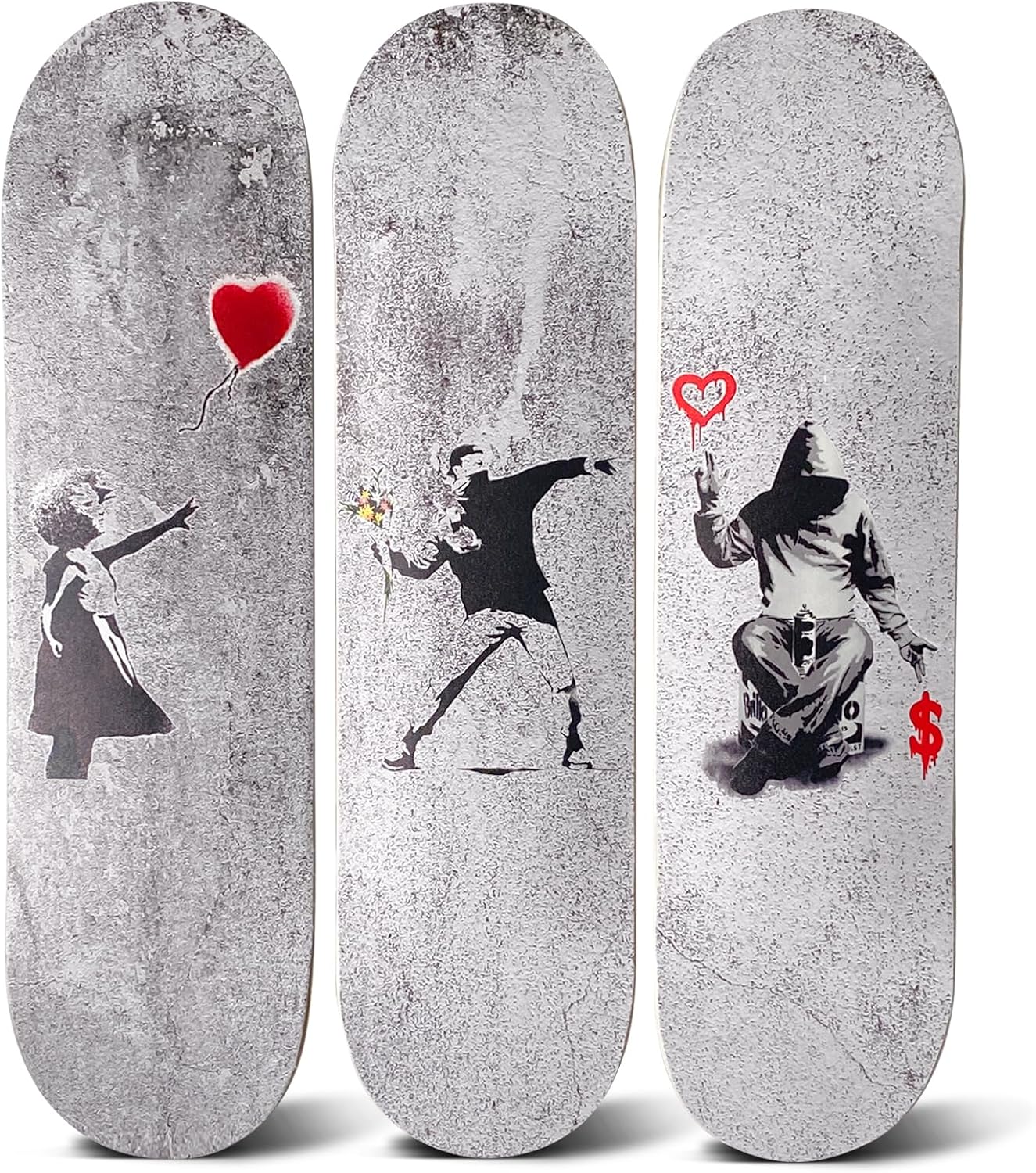 (incomplete)Skateboard Canvas Wall Art - Banksy 3 Piece Set on 7 Ply Skateboard Decks - Red Balloon Girl, Flower Thrower, and Love or Money Home Decor - Graffiti Canvas Wall Art for Home, Bathroom, Living Room or 31L" x 25W"