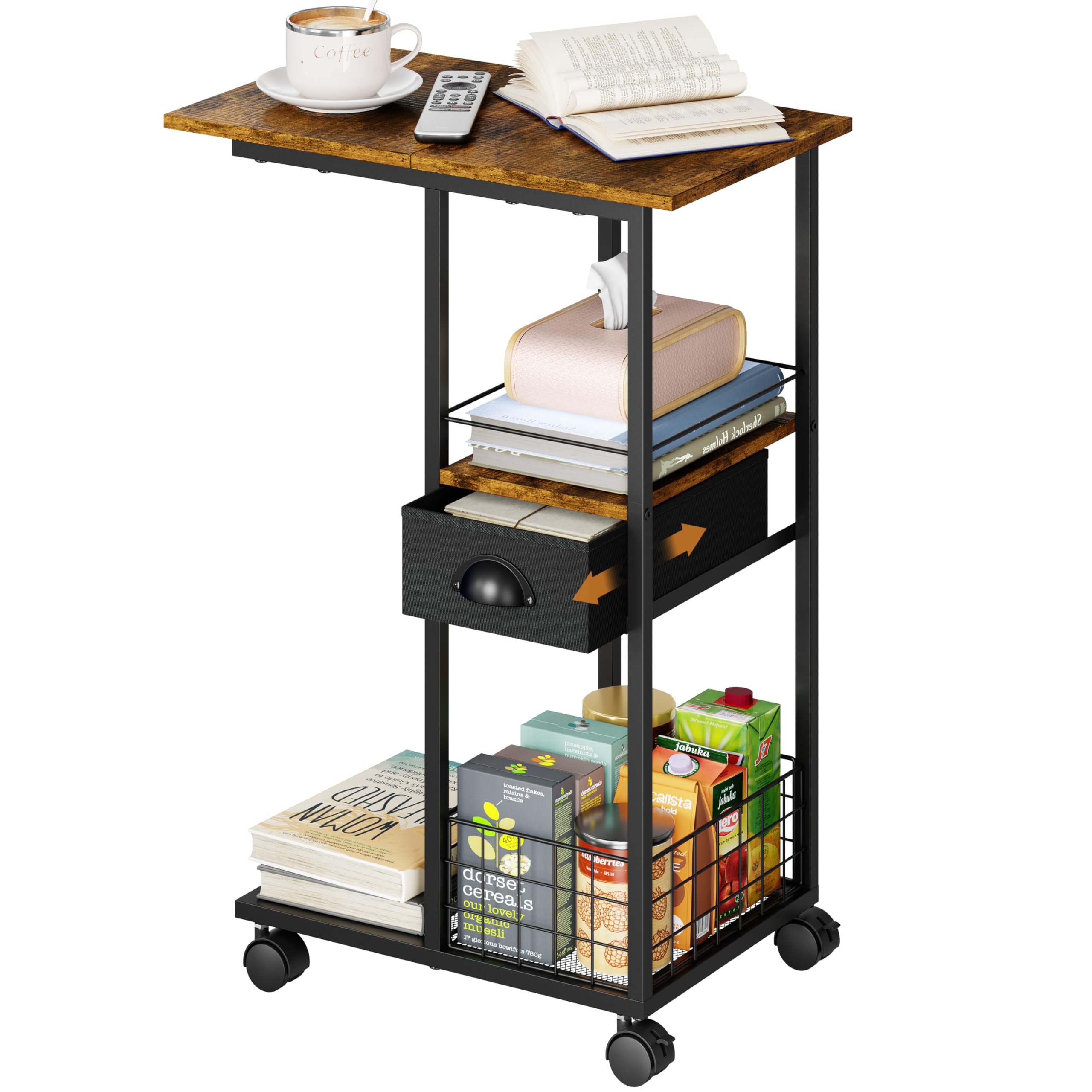 Sonyabecca C Shaped Sofa Side Table: Couch End Table with Drawer - Bedside Table with Wheels - 19.7''L x 11.8''W x 28''H - C Mobile Tables with Storage Basket for Living Room Bedroom
