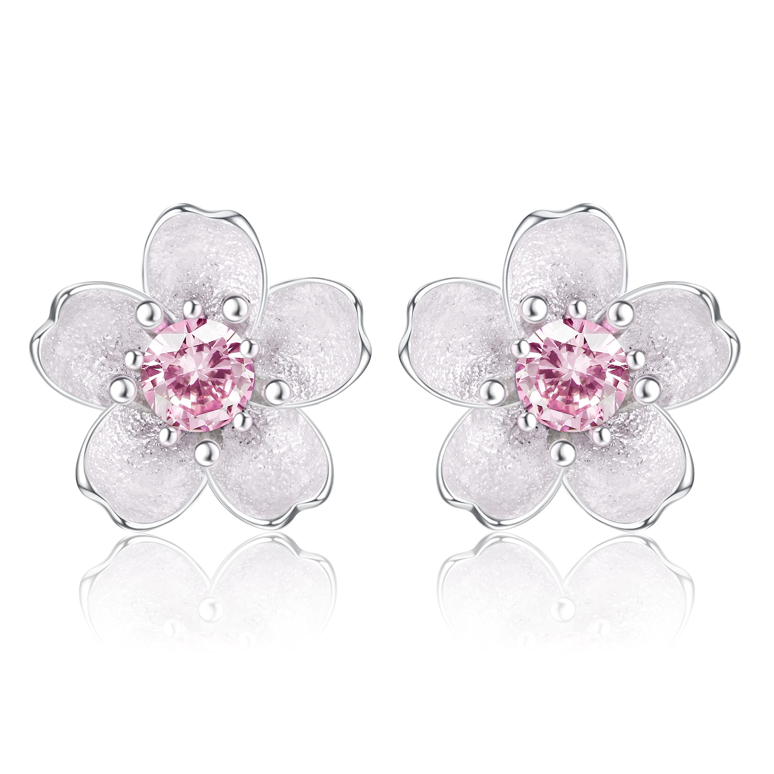 KRFYStud Pendientes Lindo Plata de Ley 925 Flores de Cerezo Flor Blanco Rosa CZ Cartílago Hipoalergénico Stud Pendientes para Mujeres Niñas Niños