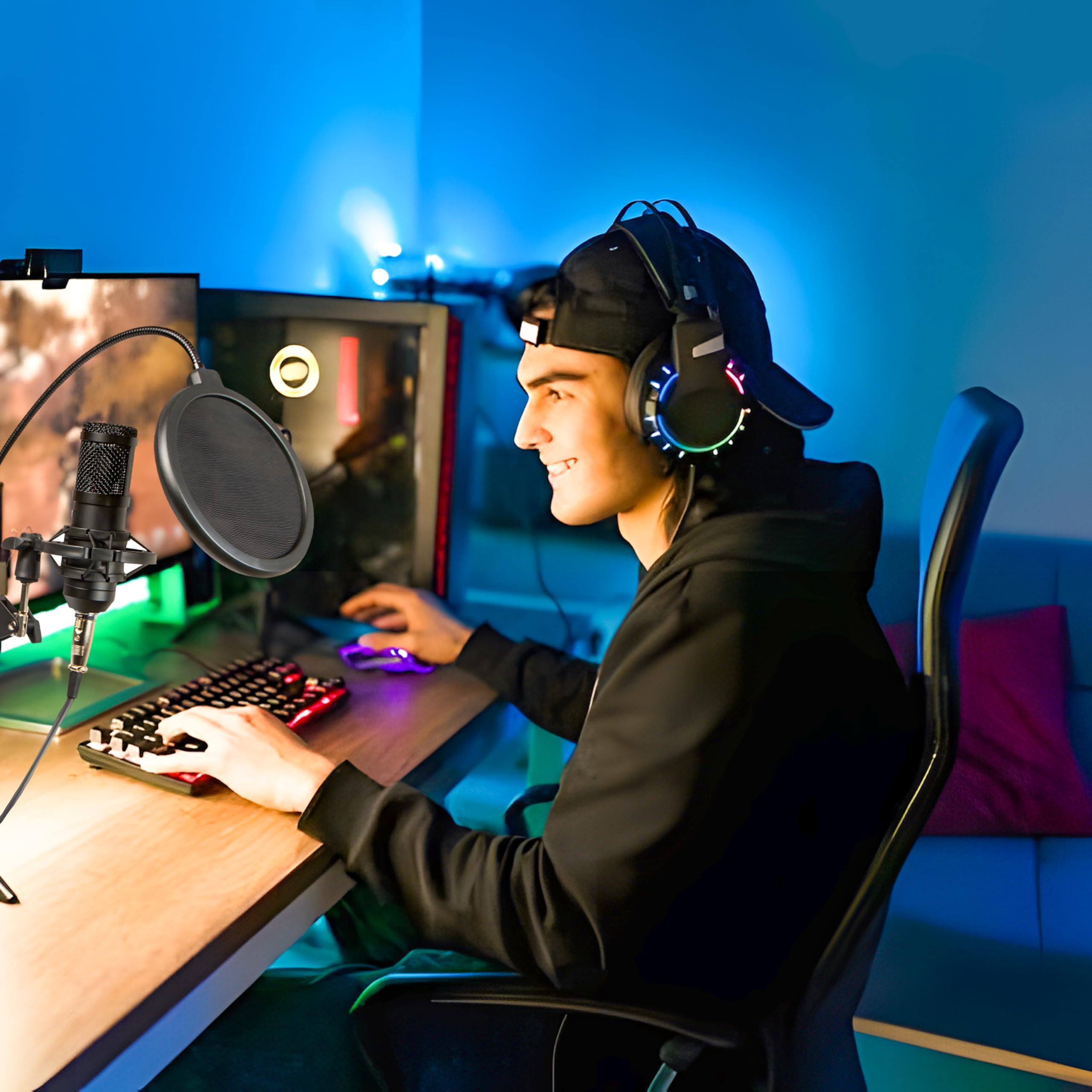 Retoo USB Mikrofon Nierenmikrofon Unidirektionales mit POP Filter Mikrofon mit Verstellbarer Griff Plug&Play Funktion Kopfhörereingang für Audiokünstler Podcaster und Musiker