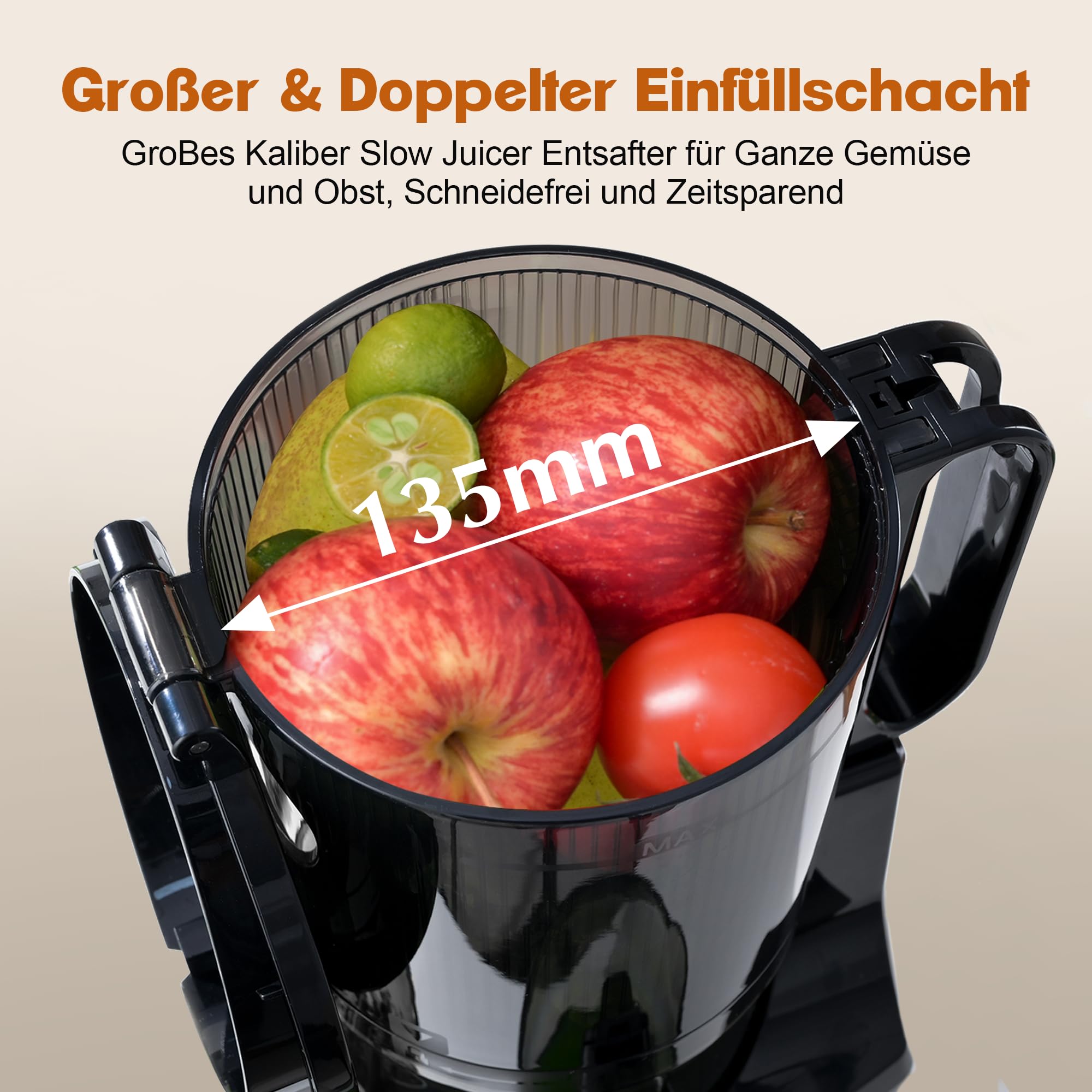 Fretta Entsafter Slow Juicer Testsieger, Entsafter Gemüse und Obst Grün | Einfache Montage & Reinigung，BPA-frei,135MM Öffnung，Ganze Früchte，Leiser，Umkehrfunktion,Hohe Saftausbeute,Leistungsstarke
