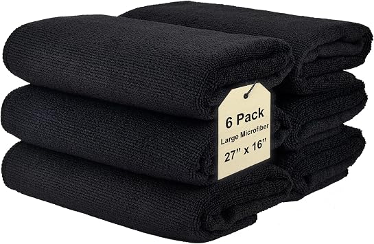 Cleaning Towel Wash-Cloth - Large 27" x 16" Microfiber Rags - Highly Absorbent, Lint Free Streak Free for House, Kitchen, Car, Window Detailing Reusable Shop Towels 6-Pack, Black