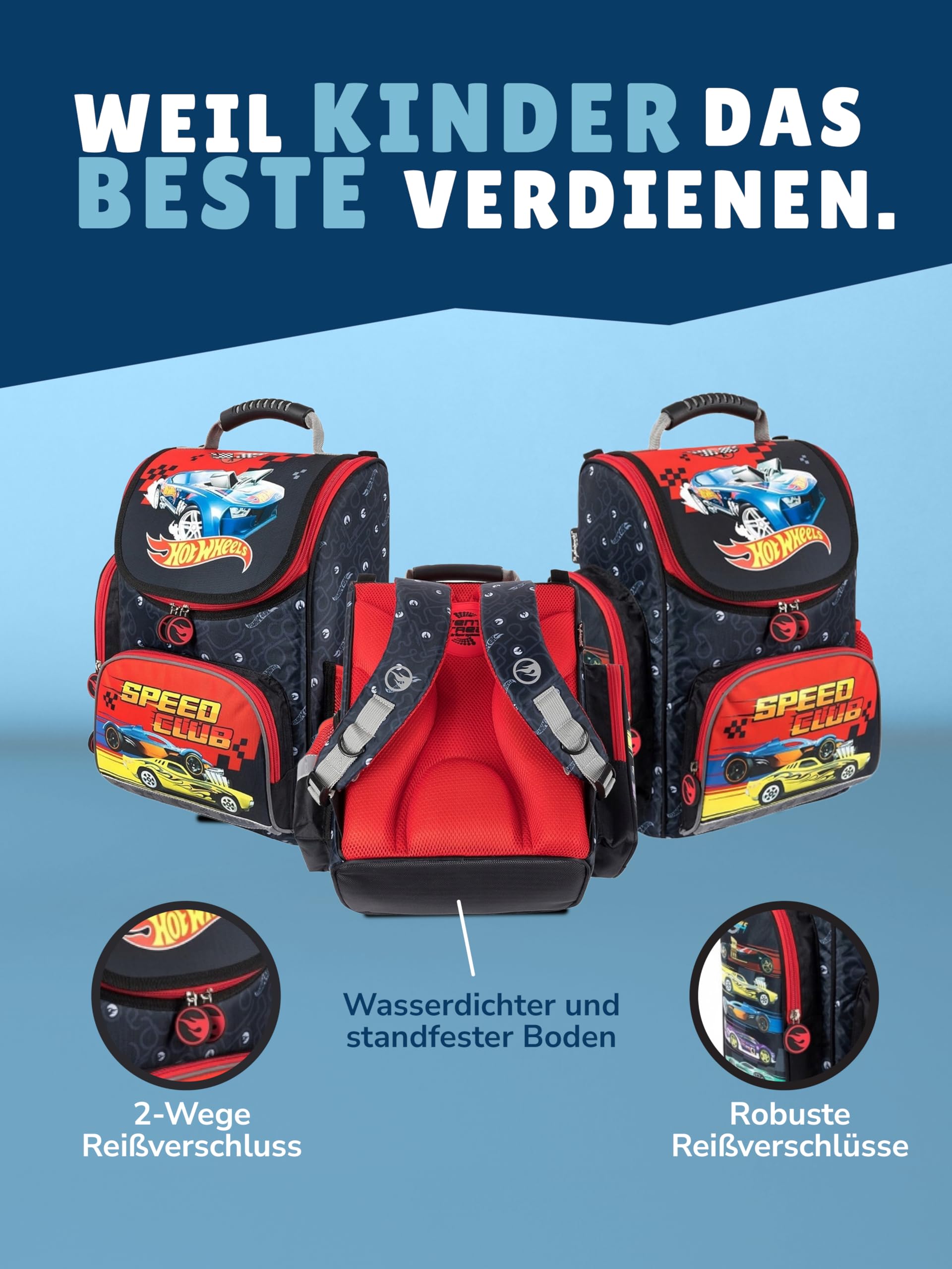 Familando - Schulranzen Set - 7-teilig mit Sporttasche - Hot Wheels - Ergonomisch, stabil & mit gepolstertem Rücken - 1010g leicht - 18L Volumen - Mit Reflektoren - Für Grundschule ab 1. Klasse