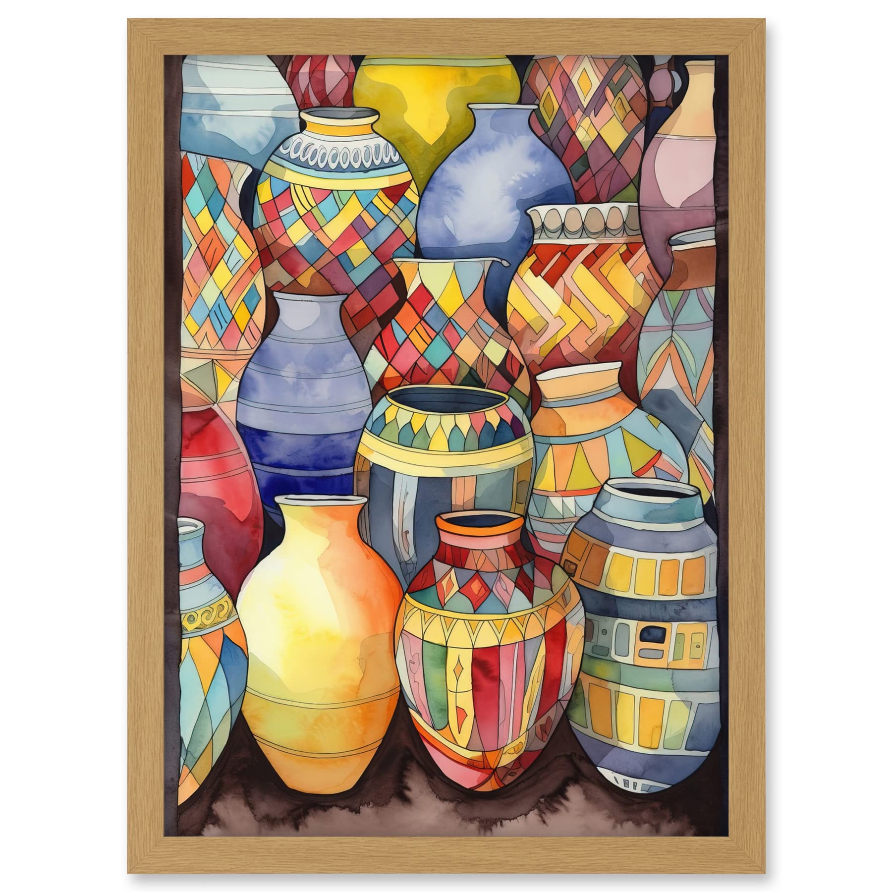 Artery8 Glazed Ceramic Pot Vases Folk Art Artwork Framed A3 Wall Art Print
