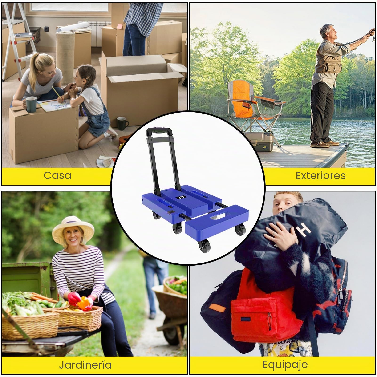 SOLEJAZZ Carro Plegable portátil, camión de Mano Plegable para moverse, Carrito de Equipaje de 500 Libras con 6 Ruedas y 2 Cuerdas elásticas para Equipaje, Viajes, mudanza, Uso de Oficina, Azul