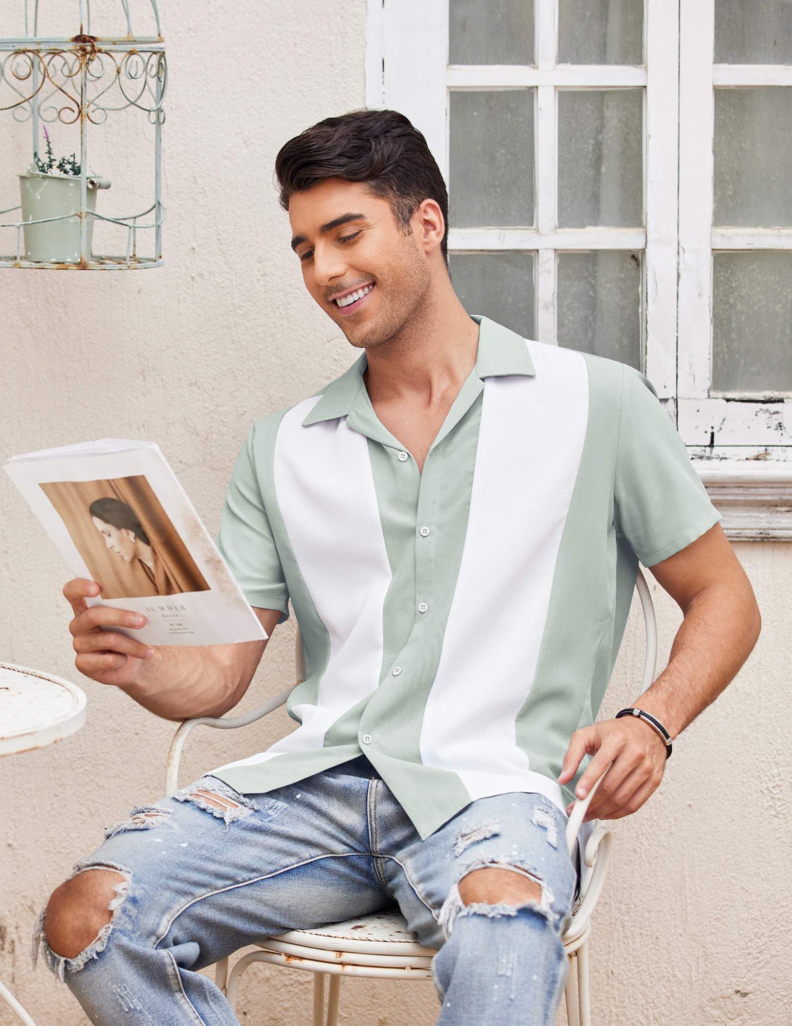 COOFANDY Herren Vintage-Bowlinghemd, Kurzarm, Hemd mit Knopfleiste, Sommer, Kuba, Strandhemd