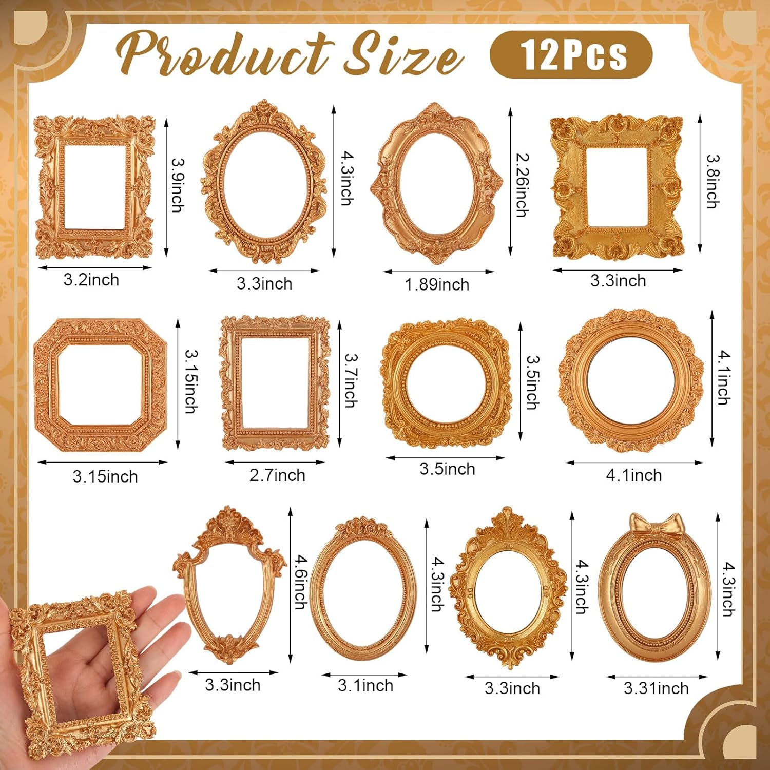 12 Pcs Mini Gold Magnetic Picture Frames, 3-5 inch Small Vintage Photo Frames for Refrigerator with Accessories for Wall Decor DIY Fridge Magnet Craft Jewelry Display Creative Gift