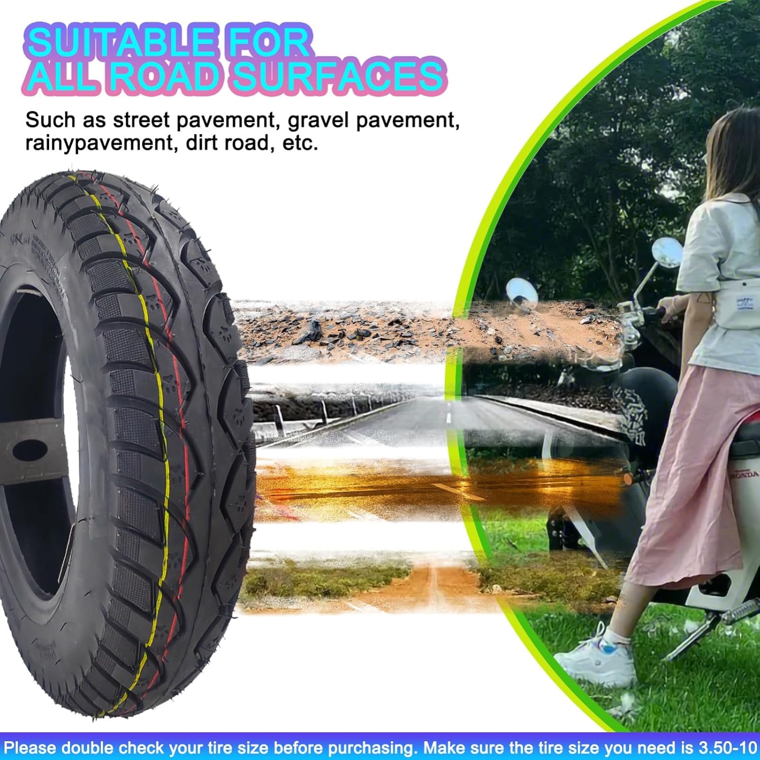 Electric Scooter Tubeless Tires,Thickened,Off-Road,3.50-10 14x3.5 Universal Tire,Non-Slip,Puncture Proof, With Curved Valves, Front/Rear Motorcycle/Moped 10" Rim, 51J 8 P.R.