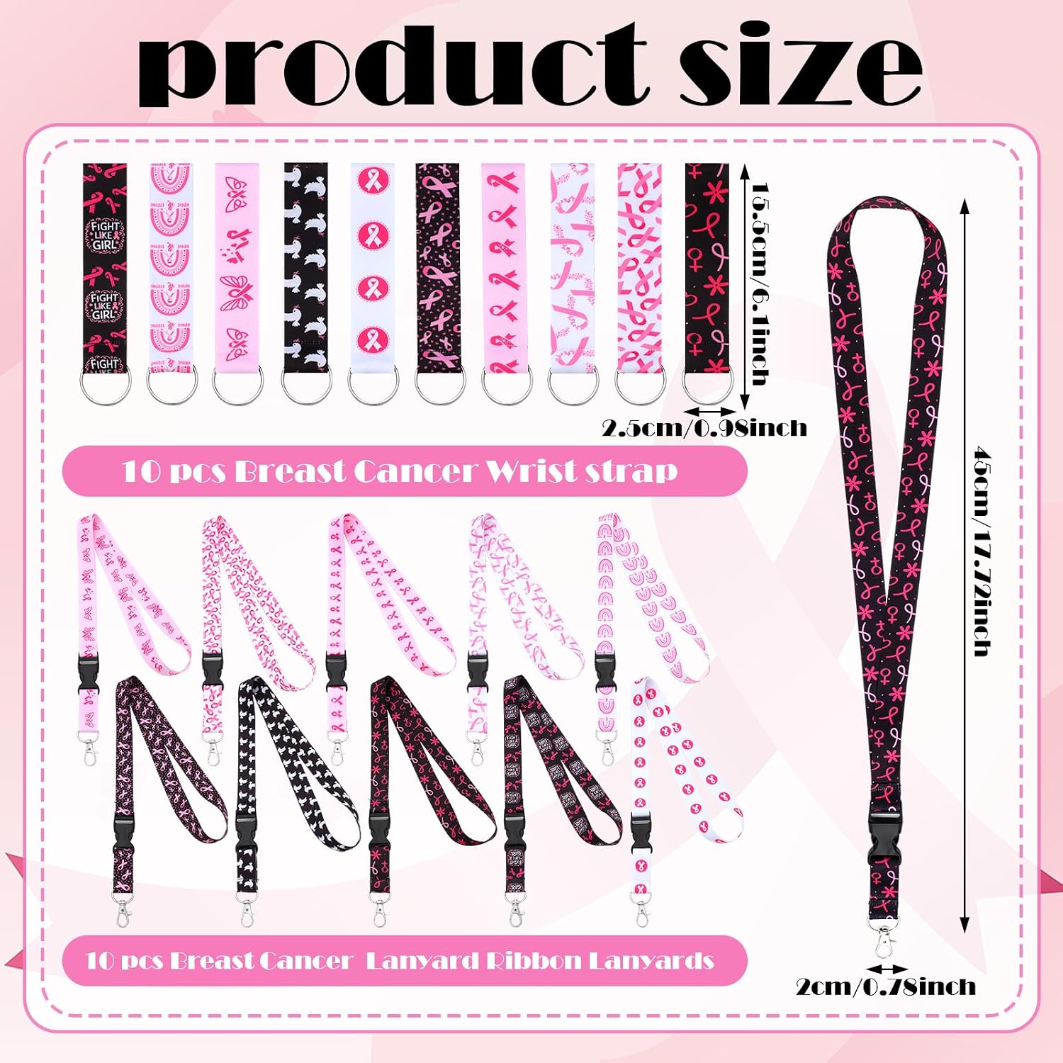 Ctosree 20 Pcs Silicone Lanyards Keychains Pink Ribbon Wrist Neck image 2