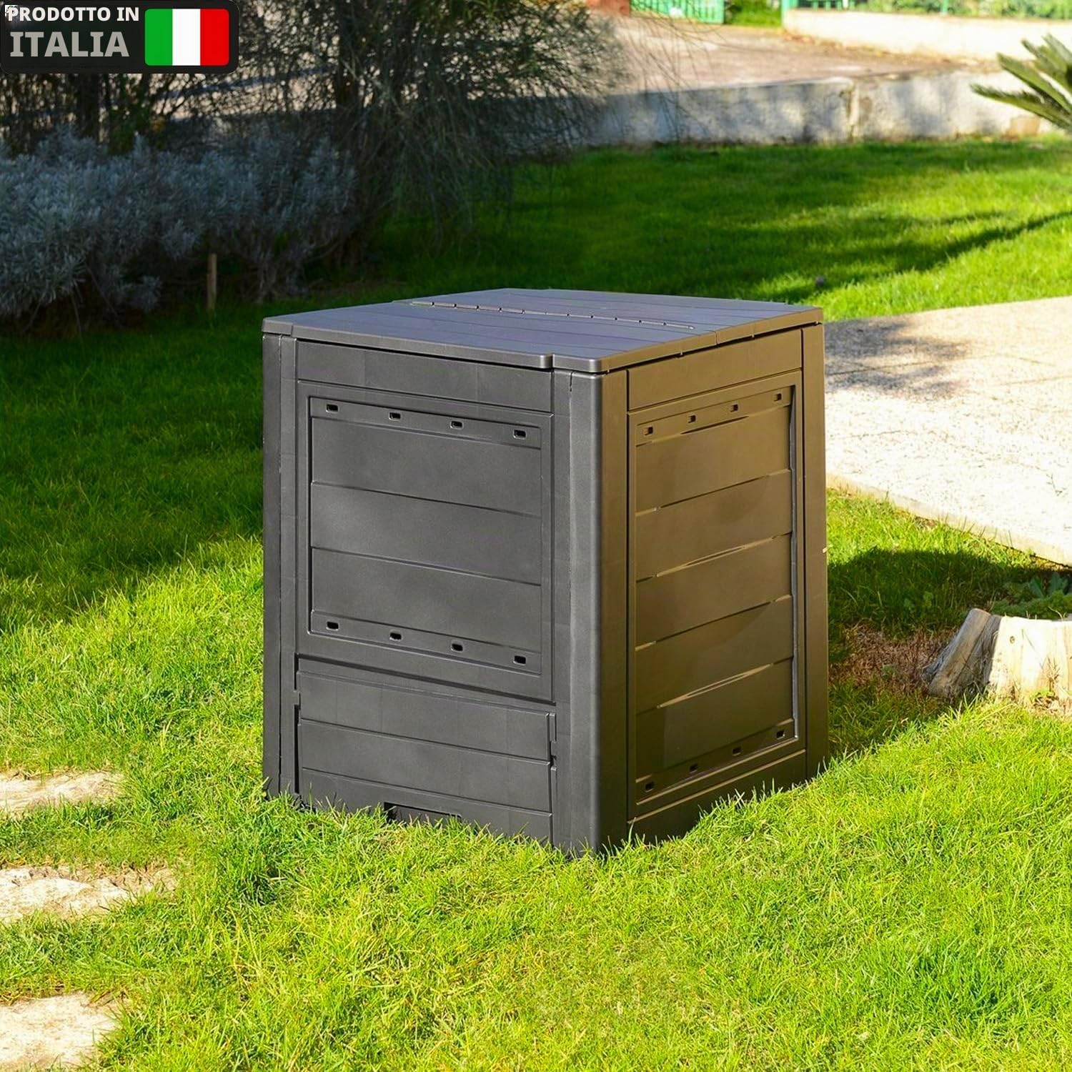 Avilia Contenitore per Compostaggio da Giardino - Compostiera con Accesso Frontale, in Polipropilene, 260L, 60x60x73cm, Nera, Made in Italy