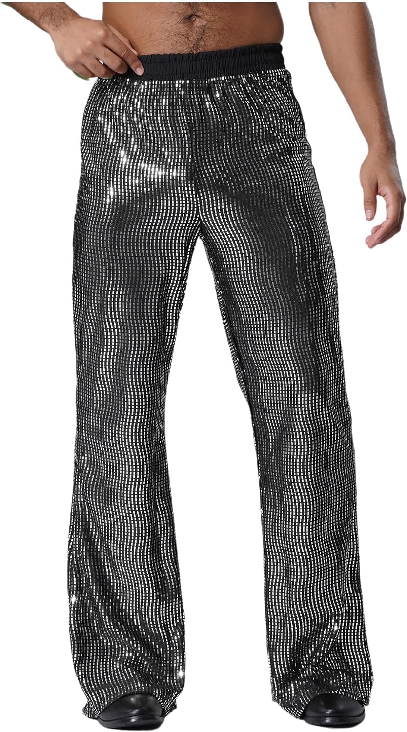 easyforever Mens Retro Sequin Bell Bottoms Elastic Waistband Flared Leg Pants for Disco Party