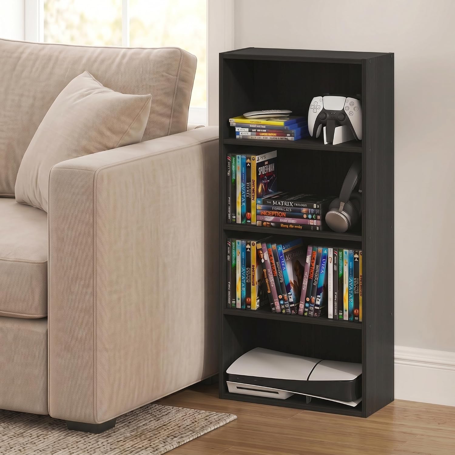 Furinno Basic DVD Shelf, 4-Tier CD Rack, Media Shelf, Espresso | 7 x 17 x 35, Open Shelf for DVD Blueray Game Disc, Storage Cabinets, for Living Room, Bedroom, Home Office