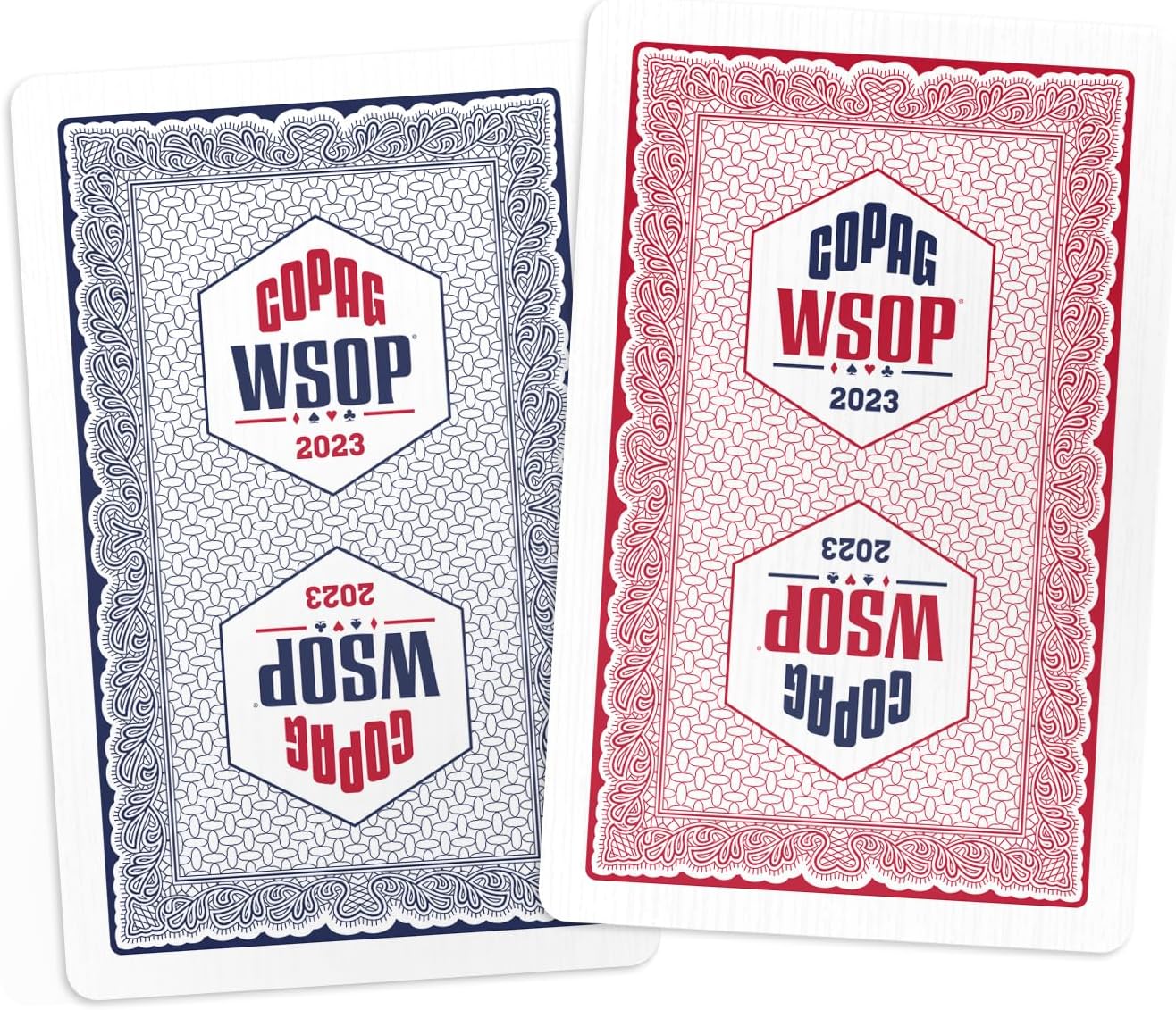 Copag 2023 WSOP World Series of Poker 100% Plastic Playing Cards, Bridge Size (Narrow) Red/Blue Double Deck Set (Regular Index)