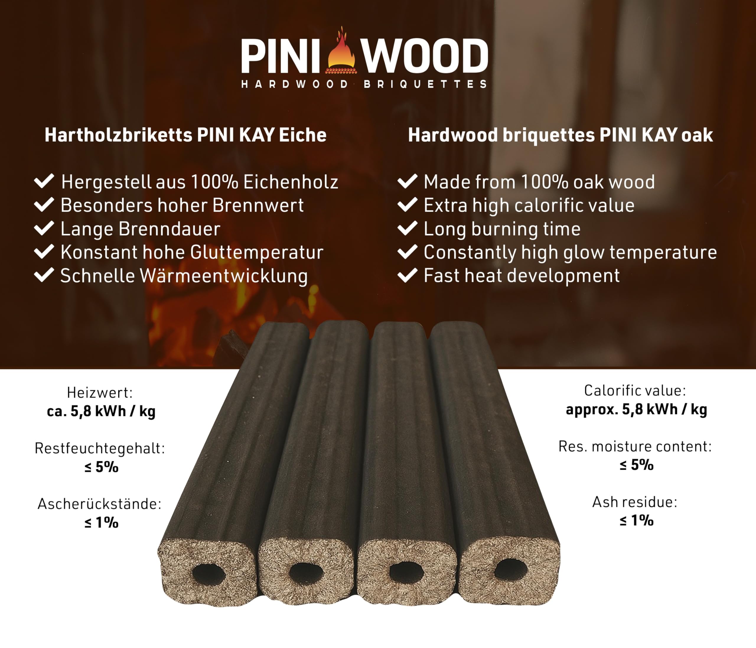 PINI Kay Briquetas de madera de roble, 23 cm de largo, cuadradas con agujero de tracción, 22,5 kg, briquetas de madera dura, briquetas de madera de roble, chimenea, horno y barbacoa