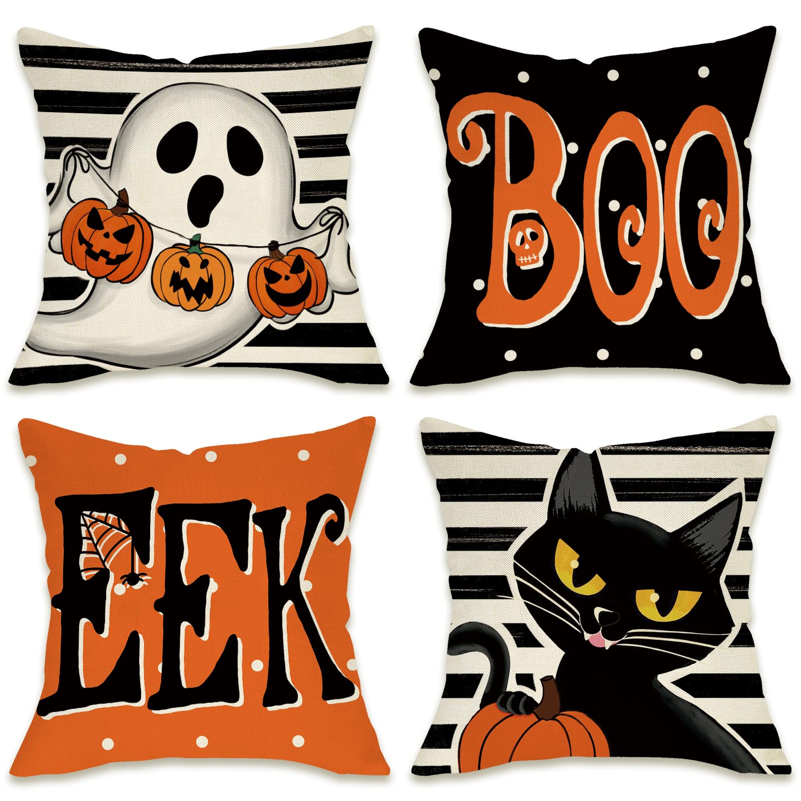 Fahrendom Halloween Ghost Black Cat Decorative Throw Pillow Covers 18 x 18 Set of 4 Spooky EEK Boo