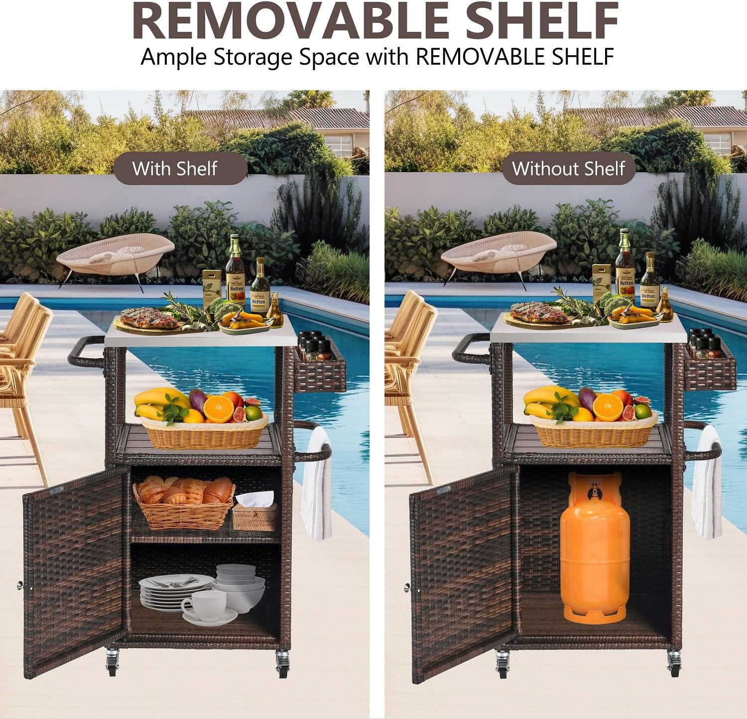 Grill Cart Outdoor with Wheels Outdoor Prep Table Grill Station with Storage Outdoor Kitchen Island Serving Cart with Stainless Steel Table Top BBQ Storage Cabinet for Outside Wicker Bar Cart Brown