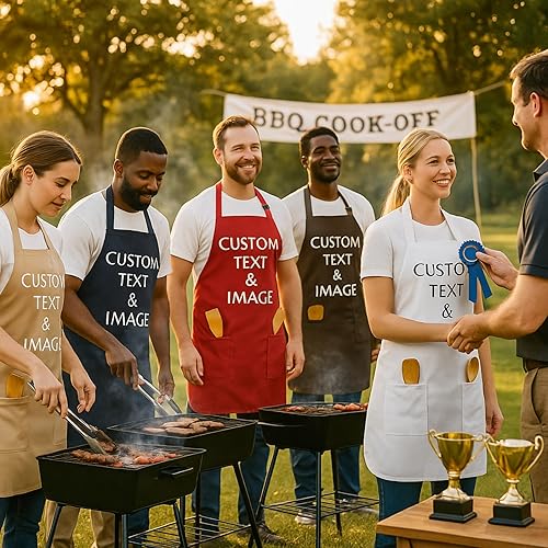 Vista 5 de LeWall Delantal personalizado – Logotipo de nombre personalizado para cocinar hornear y manualidades Cuello ajustable, bolsillos delanteros, Rosa