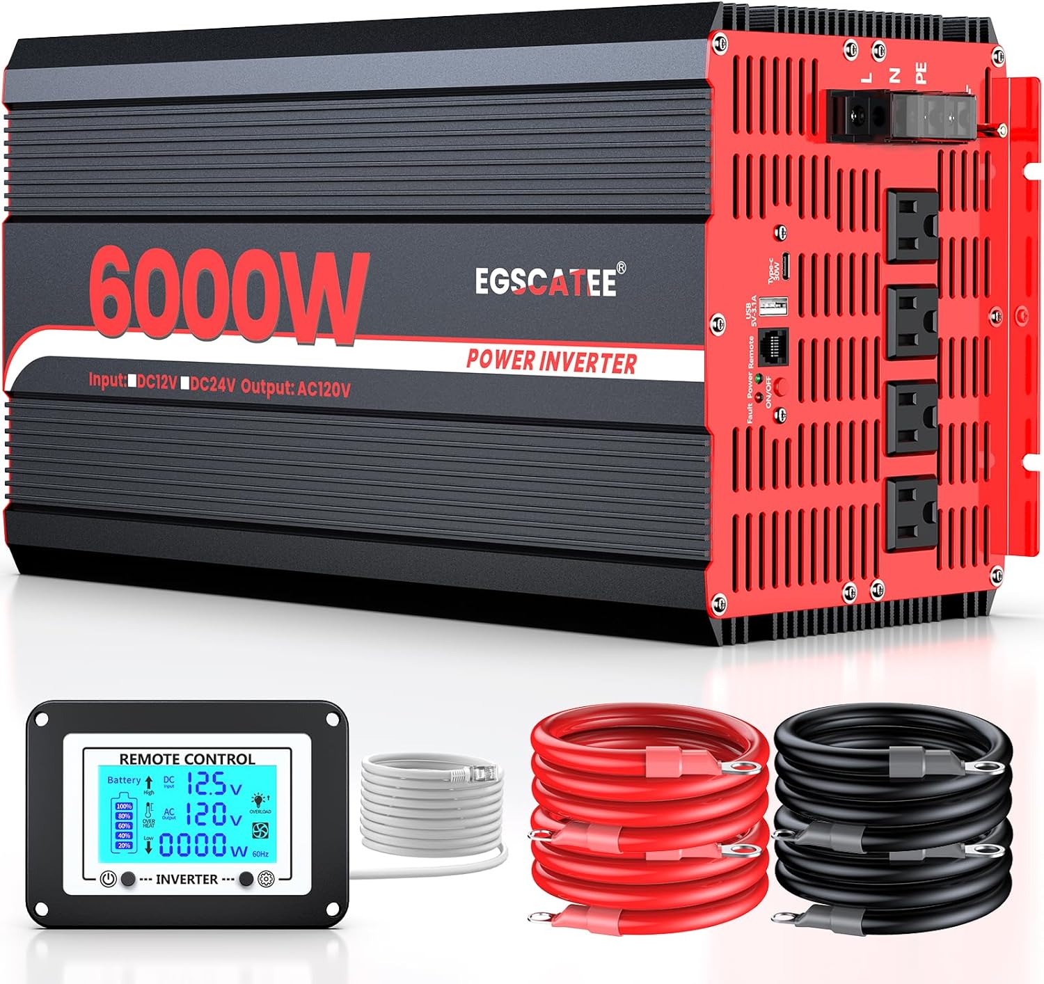 6000W Power Inverter 12V DC to 120V AC, 11000W Peak Off-Grid Solar Converter for 12V Battery Bank, RV, Truck & Home Backup Power System, 4 AC Outlets, USB & Type-C Port, LCD Remote Controller
