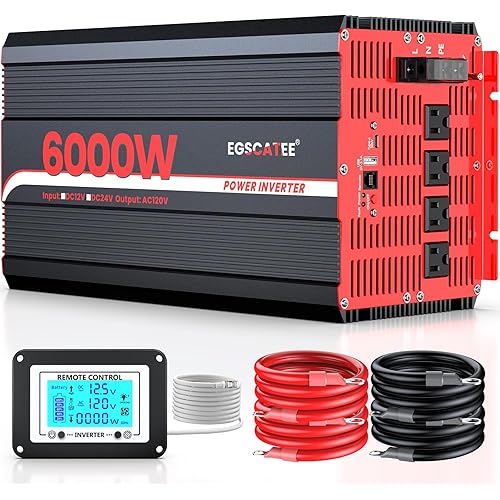 EGSCATEE 6000W Power Inverter 12V DC to 120V AC Converter for Truck, Home, RV, Peak 12000W Off-Grid Solar Power Inverter with 4 AC Outlets, USB Port,Type-C Port, Remote Controller with LCD Screen