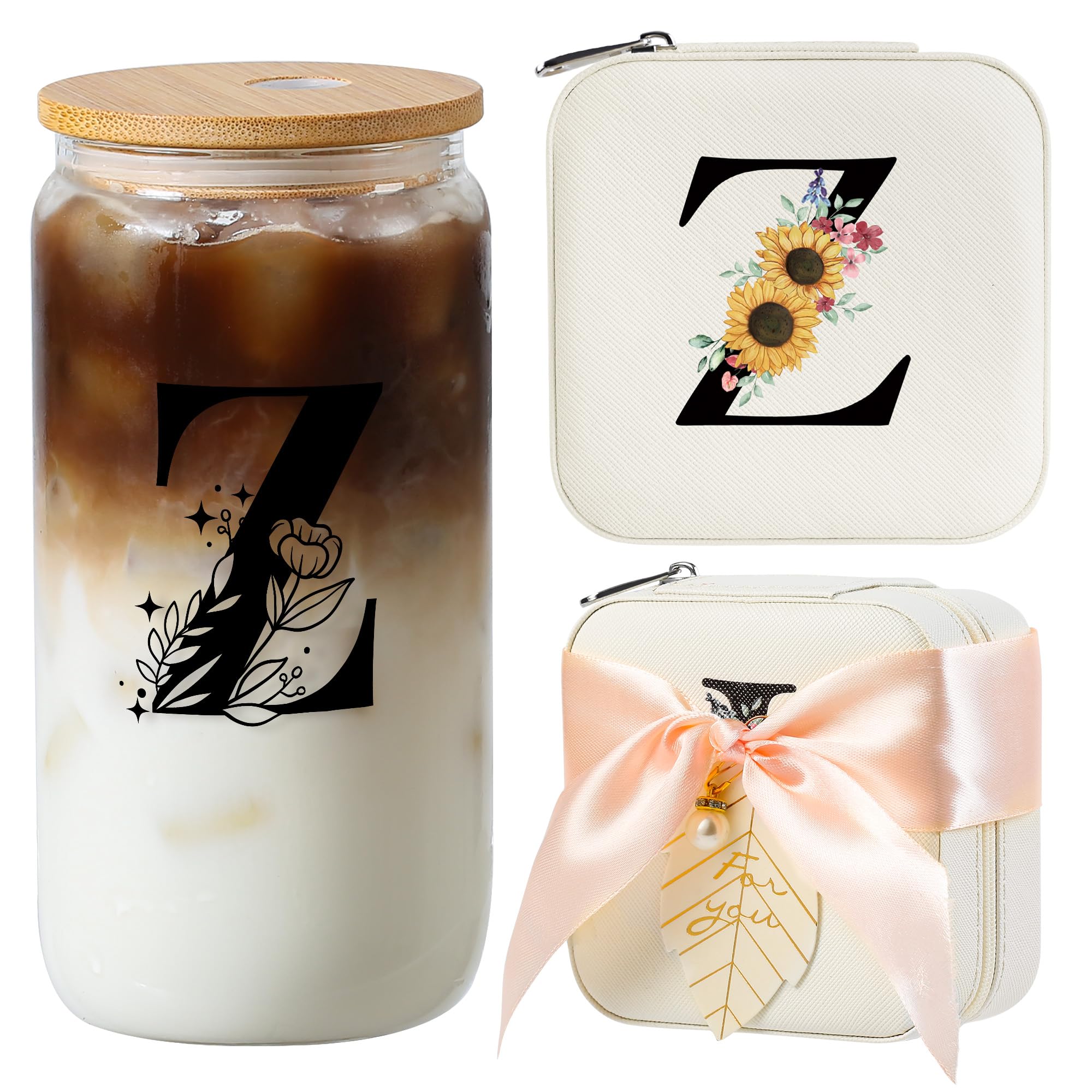 AYGXU Glass Cups with Lids and Straws, Tumblers with Brushes, Small Jewelry Organizer Box, Birthday and Travel Gifts for Women and Girls, High School Graduation Gift for Her, Initial Z White