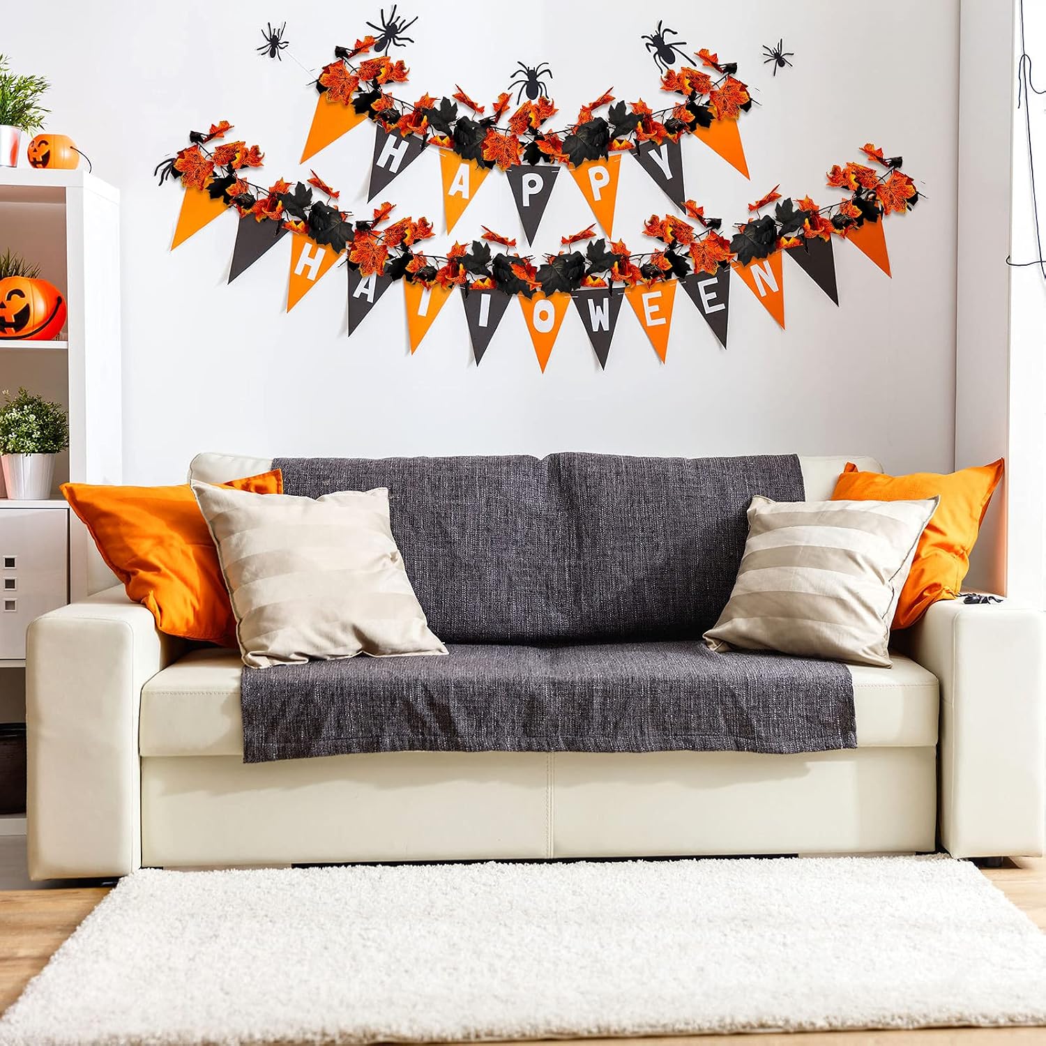 Halloween Fall Maple Garland 5.9 ft Artificial Autumn Garland Fake Maple Leaf Garland Decoration for Halloween Dinner Fireplace Wedding Party Door Frame Decor (Classic Style, 2 Pieces)