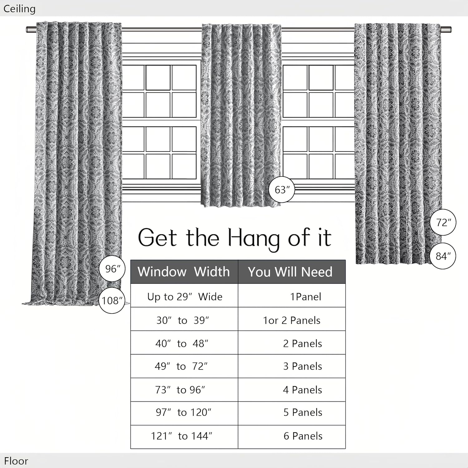 OVZME Black Medallion Blackout Curtains for Bedroom 72 Inch Length 2 Panels, Thermal Insulated Linen Blackout Curtains for Living Room, Rod Pocket Back Tab Window Drapes with Liner, 52Wx72L Inches