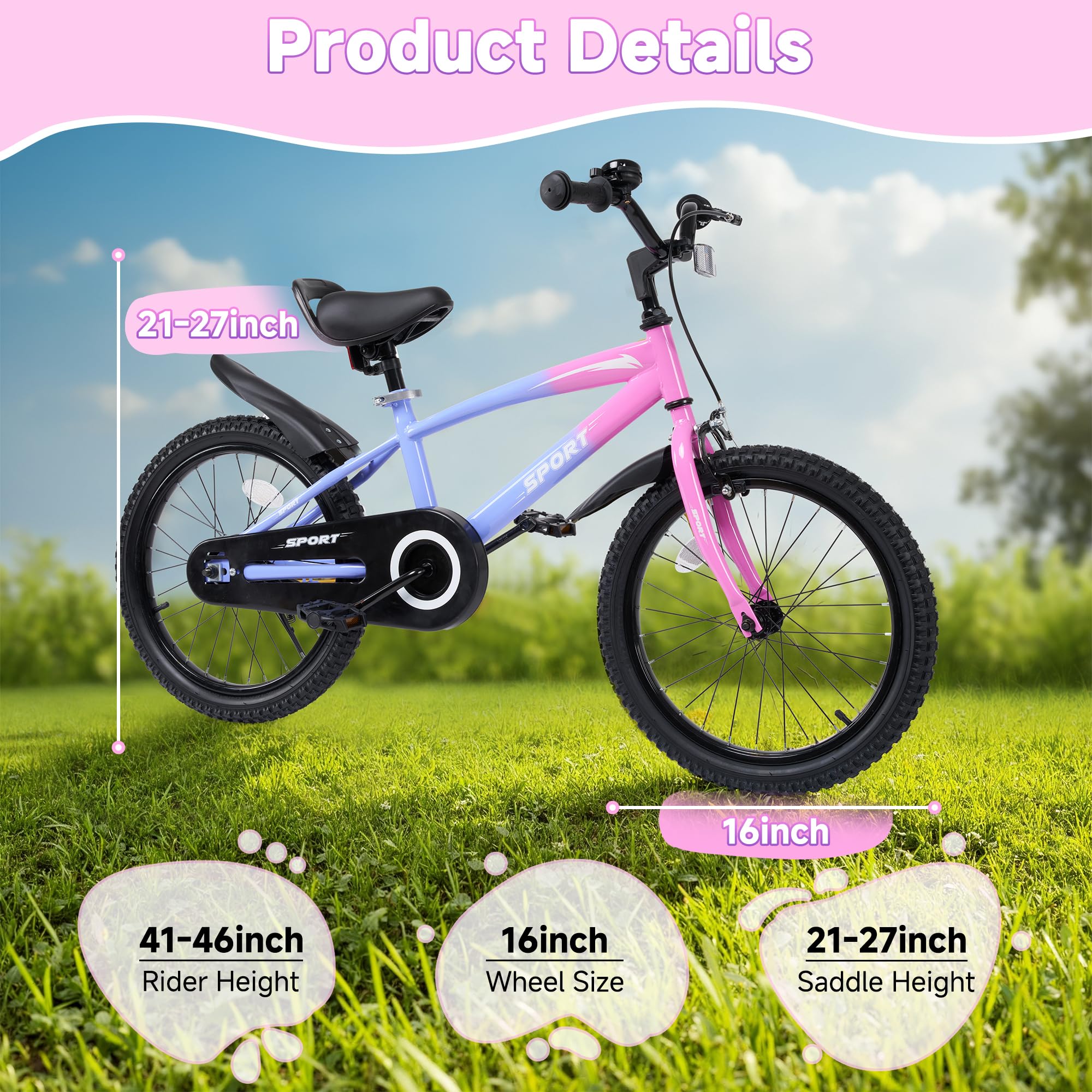 BODIOO Kids Bike for Boys Girls 16 Inches Kid Bicycle with Kickstand Training Wheels Sturdy Frame Adjustable Seat Handbrake and Coaster Brake Bell for Rider Height 41 to 46 Inch