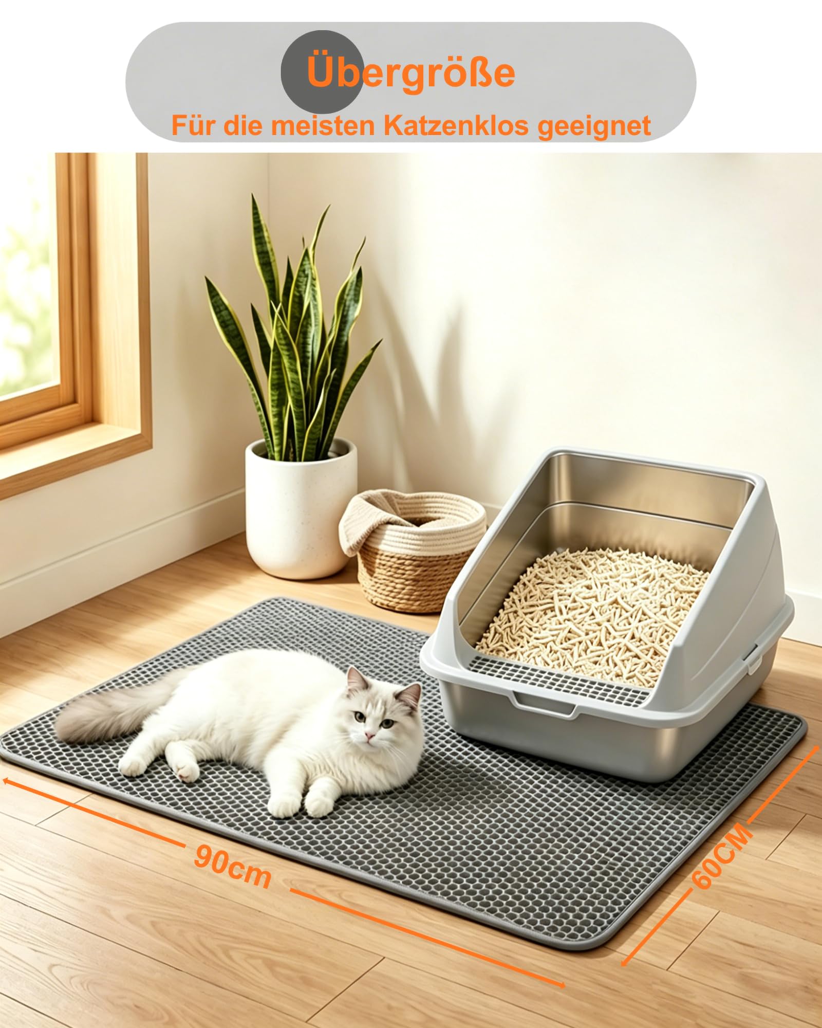 Katzenklo Matte Groß XXL 90x60 cm Waben Doppelschicht Katzenstreu Matte, Urin- & Wasserdichte Katzenklo Unterlage, Rutschfeste Katzenstreumatte für den Boden, Leicht zu reinigen, Grau