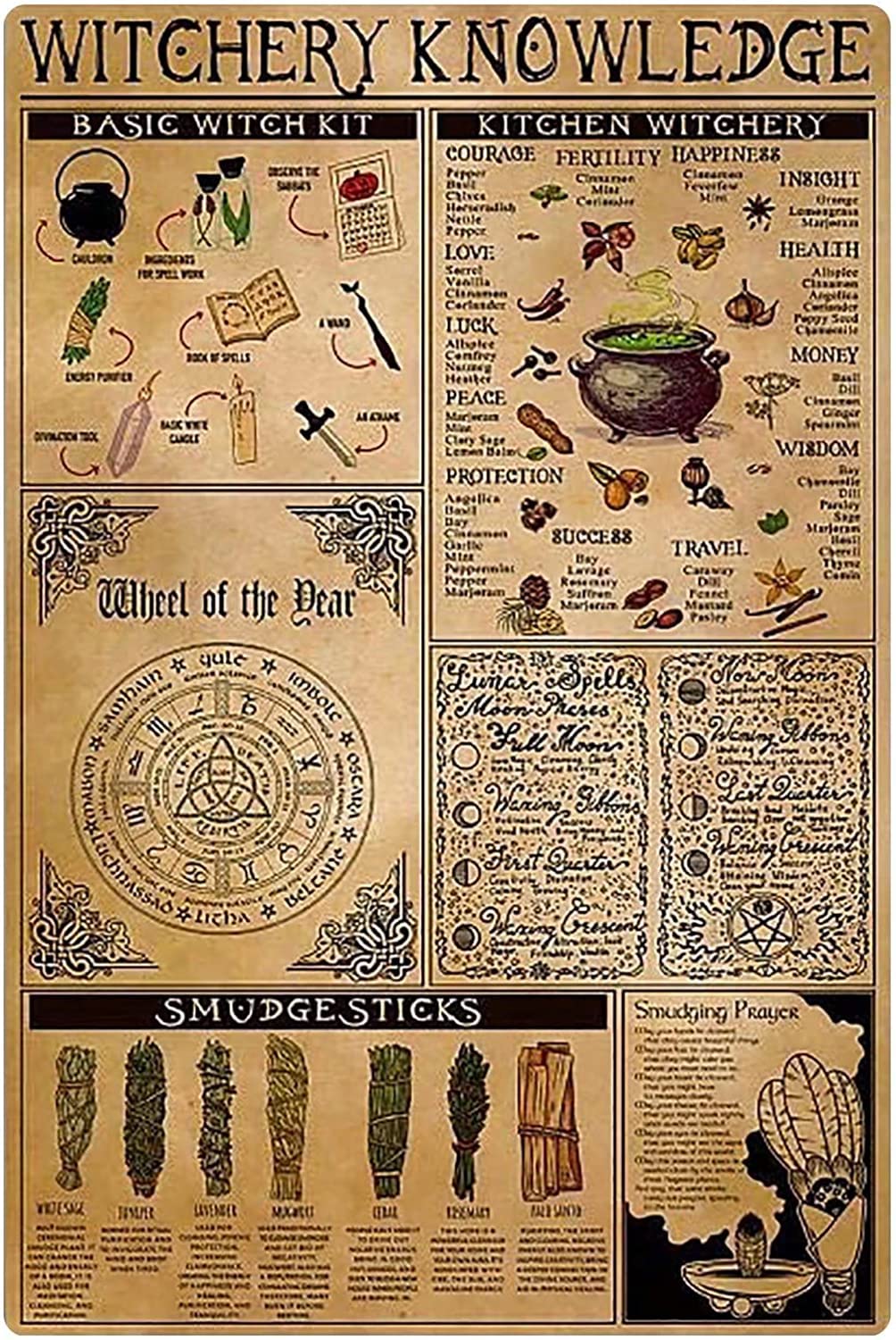 Witchery Knowledge Retro Metal Signs Basic Witch Kit Infographic Posters Witch Favorites Tin Sign Plaque Home Halloween Club Bar Wall Decor Plaque 12x16 Inches
