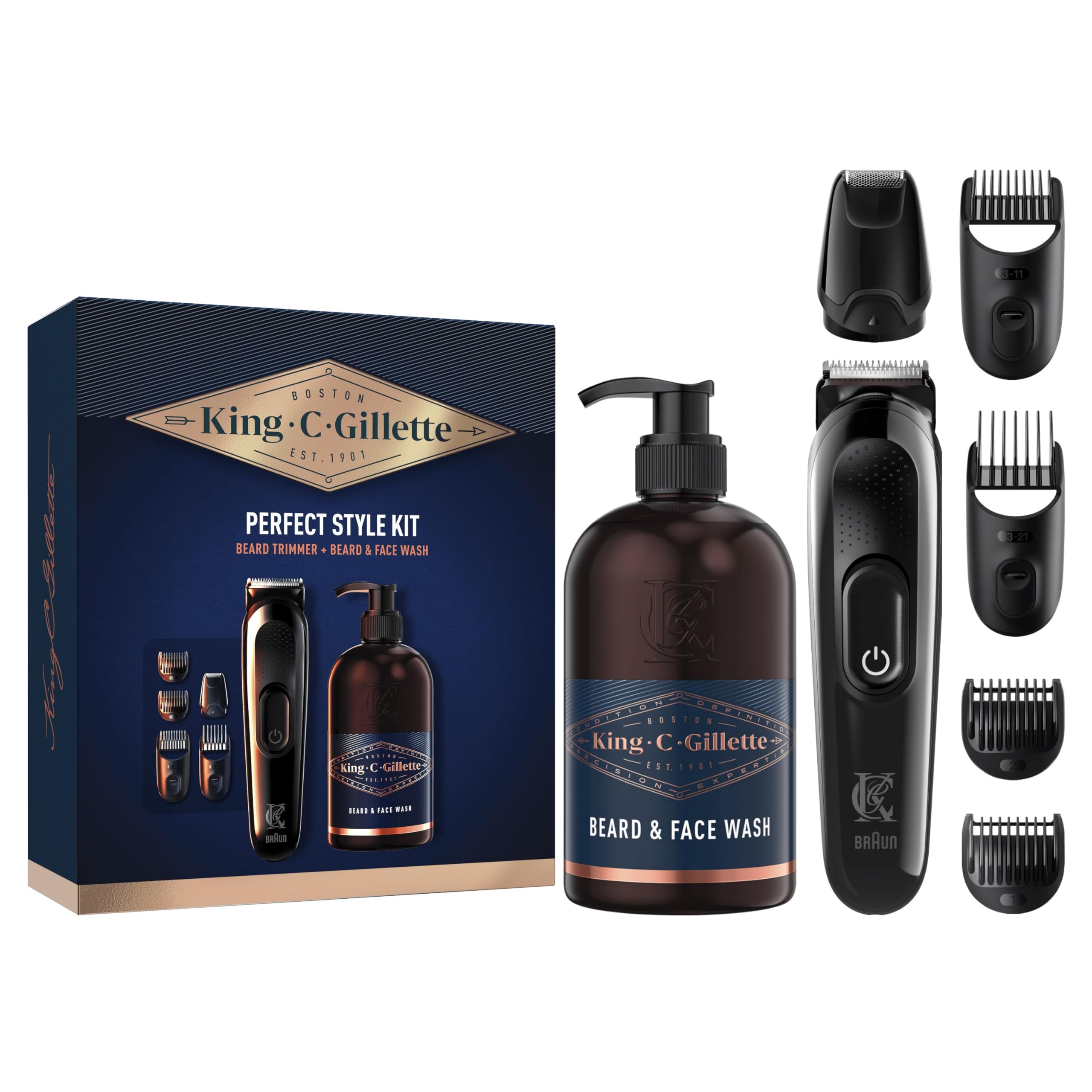 King C. Gillette Recortadora Para Hombre, Kit De Regalo, Máquinilla de afeitar, Recortadora De Barba Eléctrica Y Gel Limpiador 3 En 1 Para Barba, Rostro Y Pelo, 350 ml