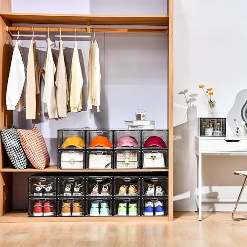 Miniatura 7 de Paquete de 12 organizadores de almacenamiento de zapatos transparentes grises, cajas de zapatos apilables para armario, caja de zapatos de plástico