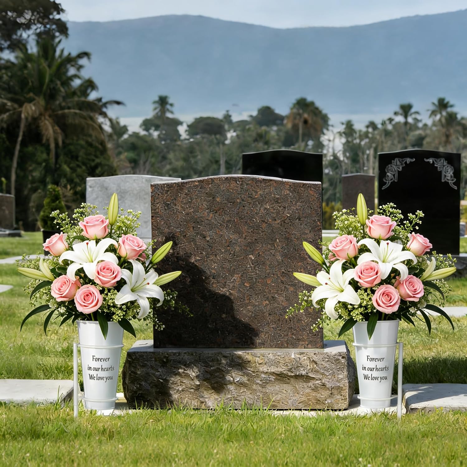 Cemetery Vases with Spikes, Metal Grave Flowers Holder with Draining Holes for Artificial Memorial Flowers Funeral Gravesite Headstone Decorations (4Pcs), Flowers are not Included