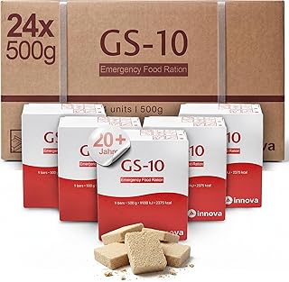 GS-10 Emergency Food - 24 x 500 Gramm Einheit Notfallnahrung – Notfallration - Produkt hermetisch versiegelt - 20 Jahre genießbare Notration - Langzeitnahrung für Survival Kit
