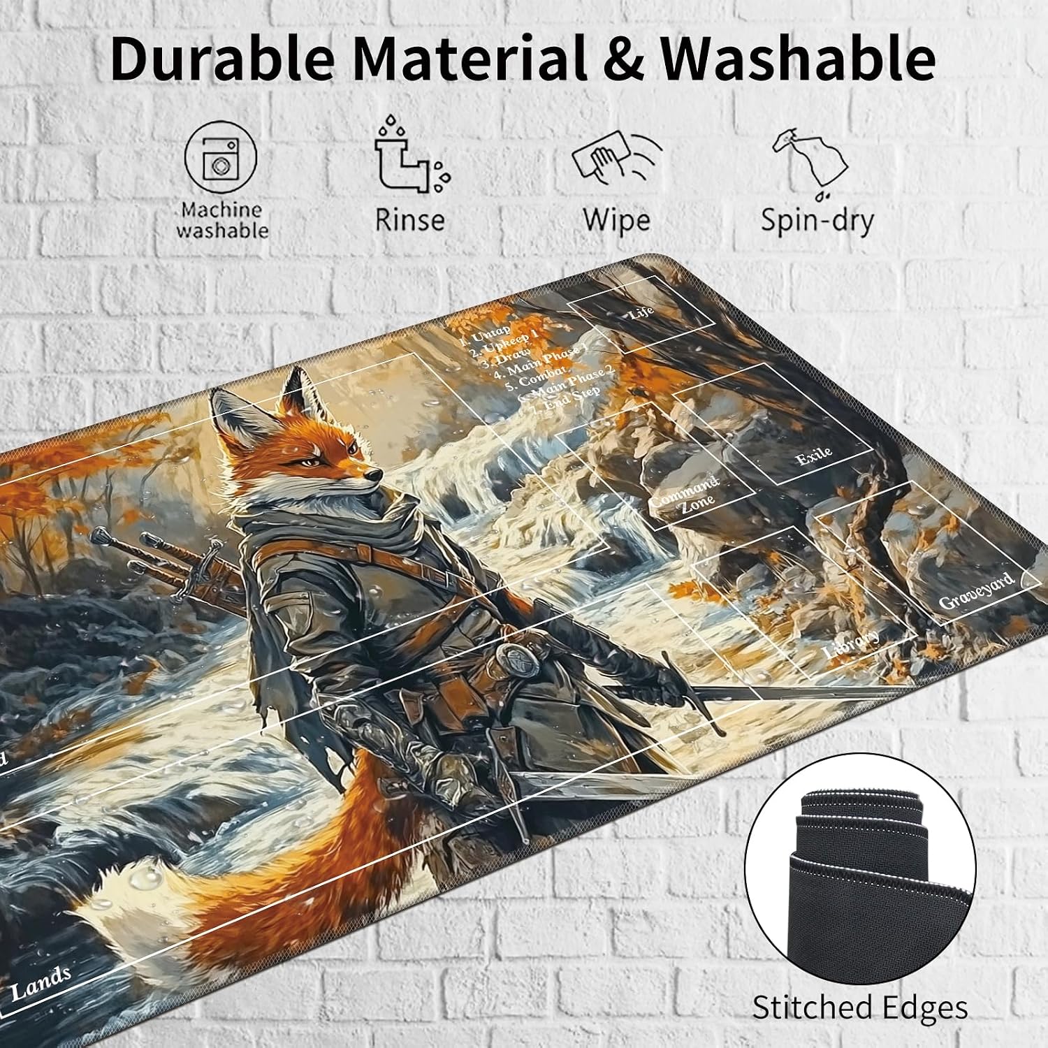 MTG Playmat with Magic Zone 24 x 14in Includes Storage Bag,TCG Playmat with Soft Surface Premium Non-Slip Rubber Backing Stitched Edges Durable Gaming Mat,Fox Knight
