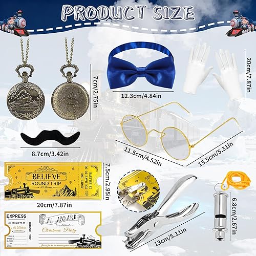 Miniatura 4 de 32 piezas de accesorios de disfraz de conductor de tren de Navidad con sombrero de conductor "Believe", reloj de bolsillo para boleto y silbato de
