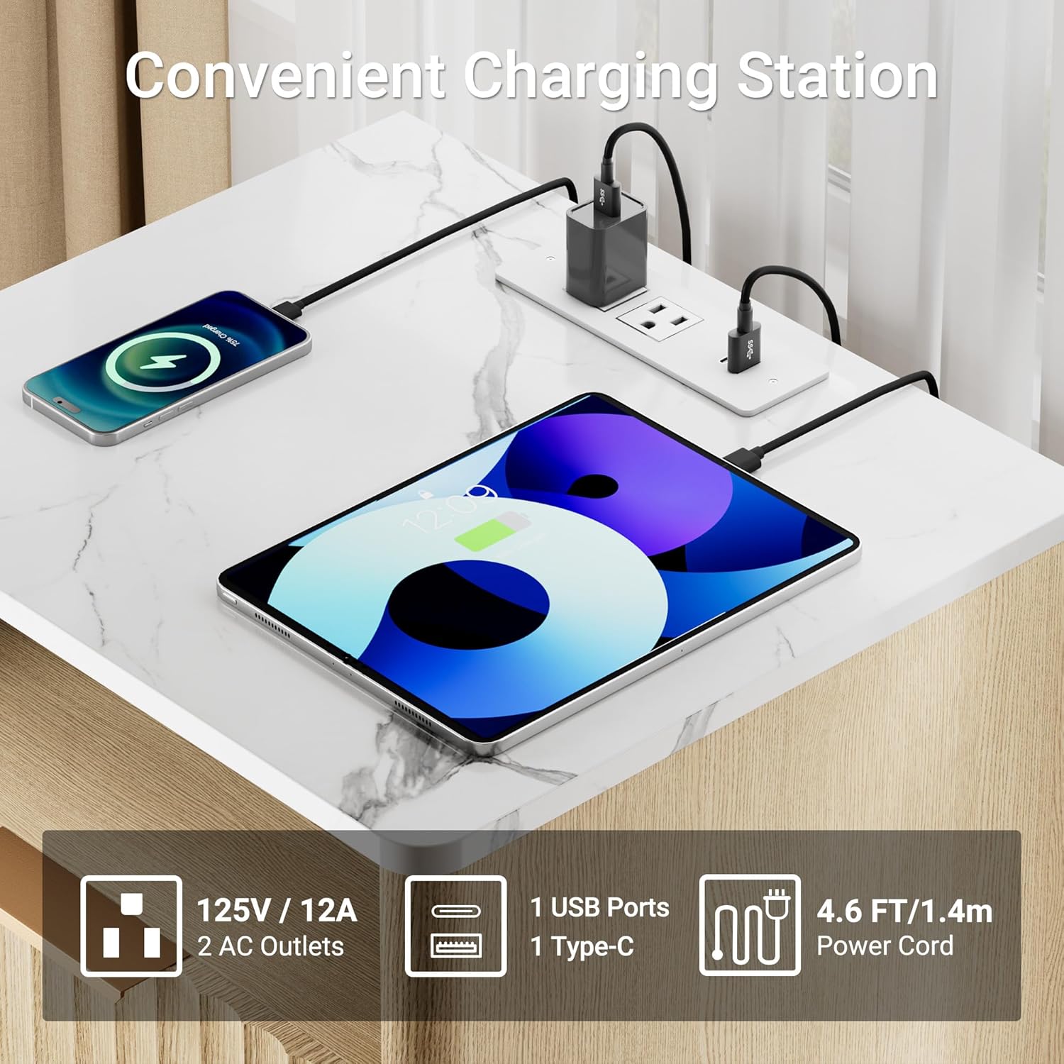 Fluted Nighstand, 2 Drawers Night Stand, 18" Nightstand with Charging Station and Faux Marble Top, Modern End Table w/Storage, Bedside Table for Bedroom, Curved Corners Design, Natural Oak