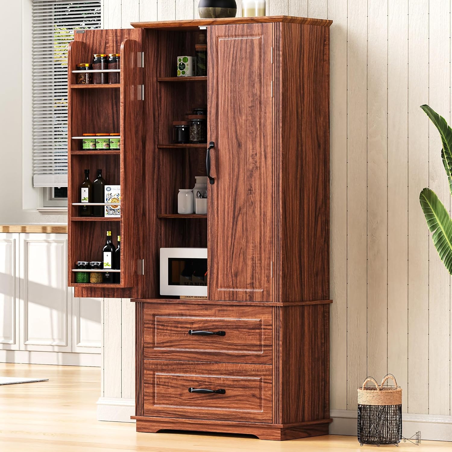 Kitchen Pantry Cabinet, 71" Tall Storage Cabinet with 2 Barn Doors & 2 Drawers,Large Farmhouse Kitchen Cupboard with 8 Door Shelves and 3 Shelves for Dining Room,Living Room (Brown-@001)