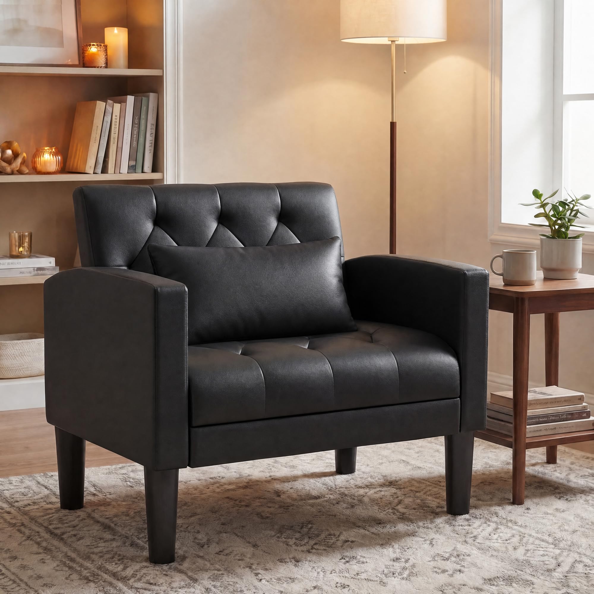 ROCSUMOO Wohnzimmer Ohrensessel – Sessel mit Lendenkissen (1, Schwarz)