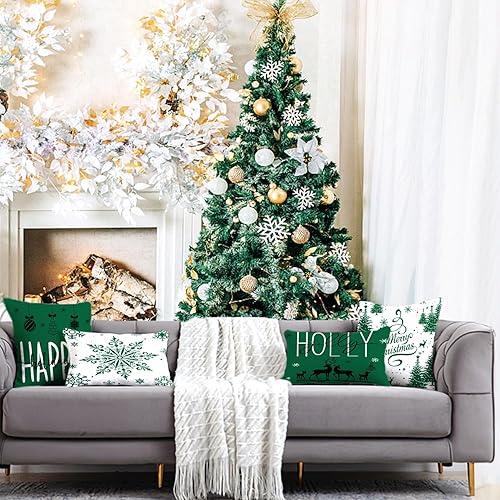 Miniatura 6 de Artmag Juego de 4 fundas de almohada de Navidad de 16 x 16 pulgadas, decoración de casa de campo, feliz vacaciones, diseño de copos de nieve, funda